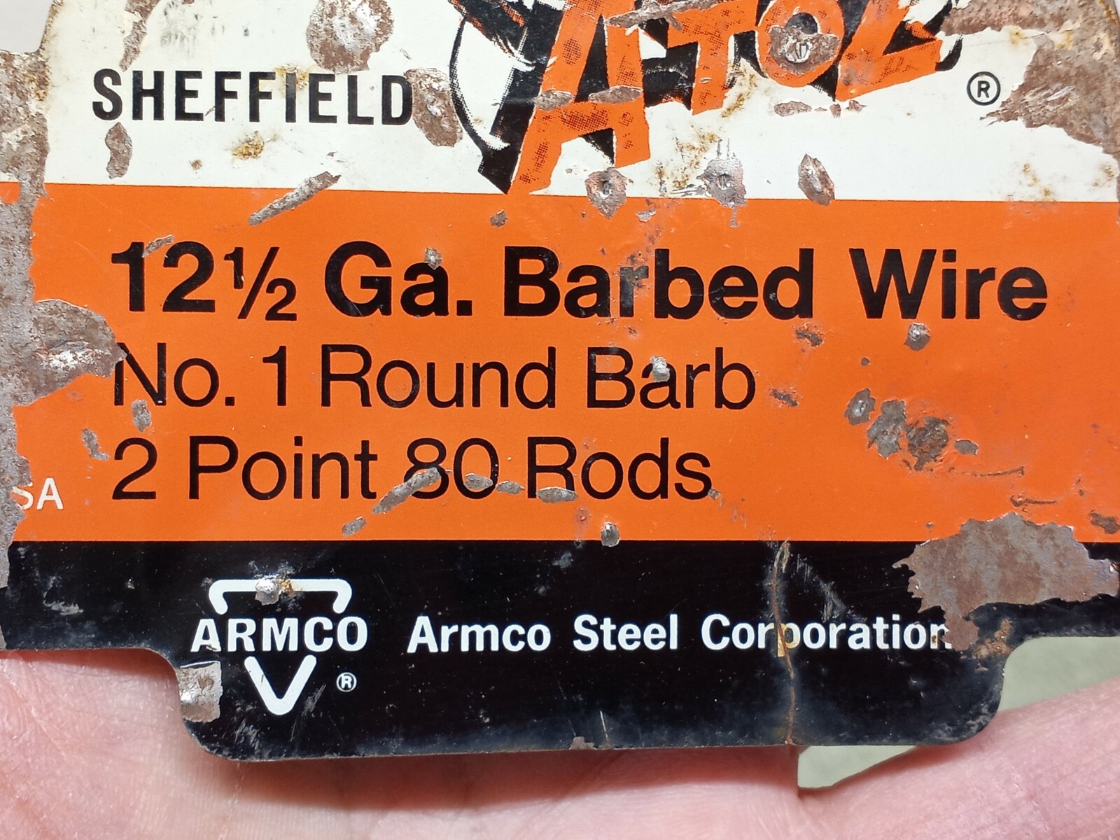 Vtg SHEFFIELD A to Z BARBED WIRE FENCE TIN METAL SIGN USA ARMCO STEEL CORP.