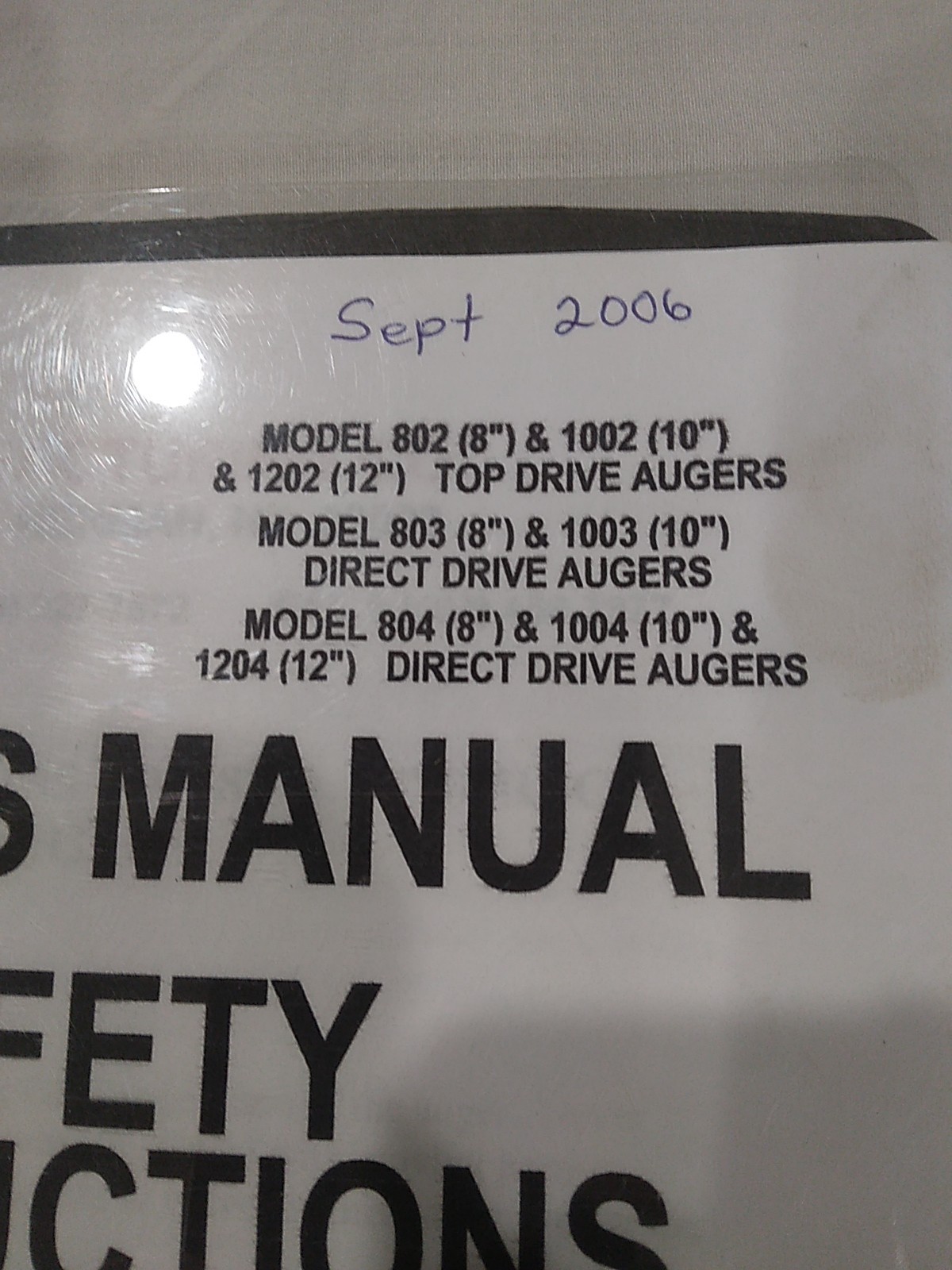 2096 Peck 802,803,804,1002,1003 & 1004 Grain Augers Owners Manual/Parts Listing