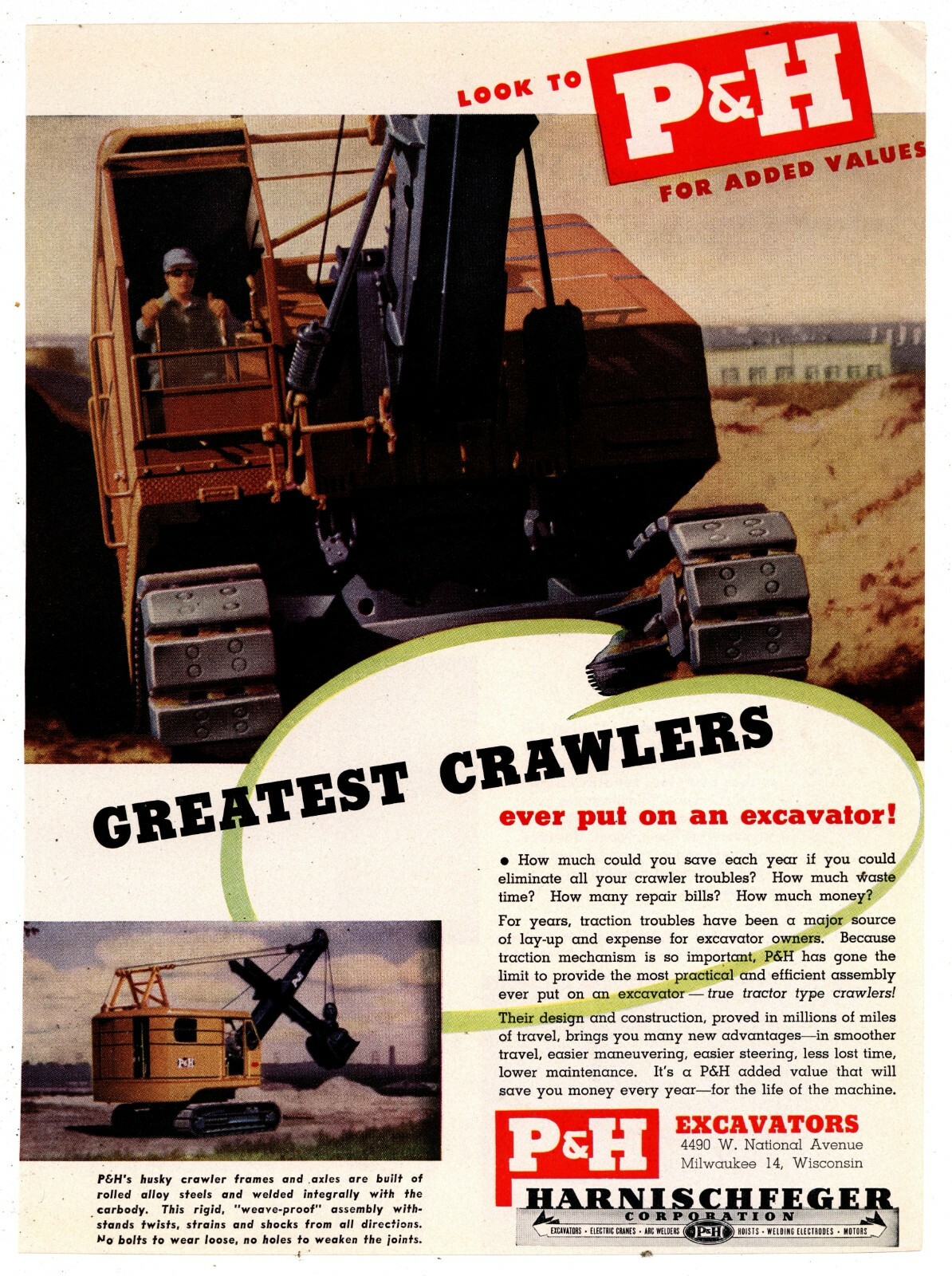 1946 P & H Harnischfeger Excavators 1 Pg. Two Sided Ad: “Greatest Crawlers Ever”