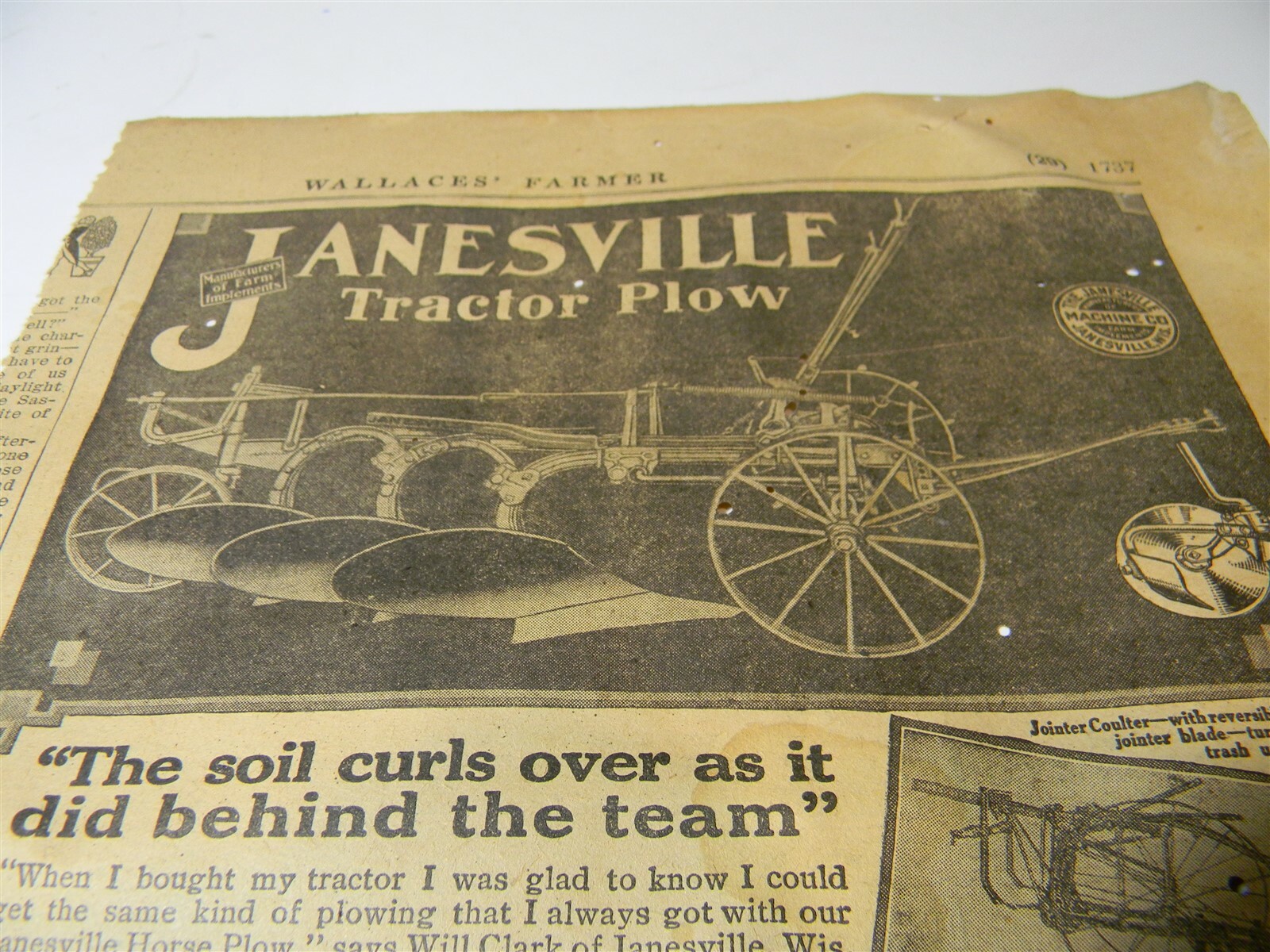 Vintage 1917 Janseville Machine Co. Tractor Plow Man Cave 1910’s Print Ad 5A11