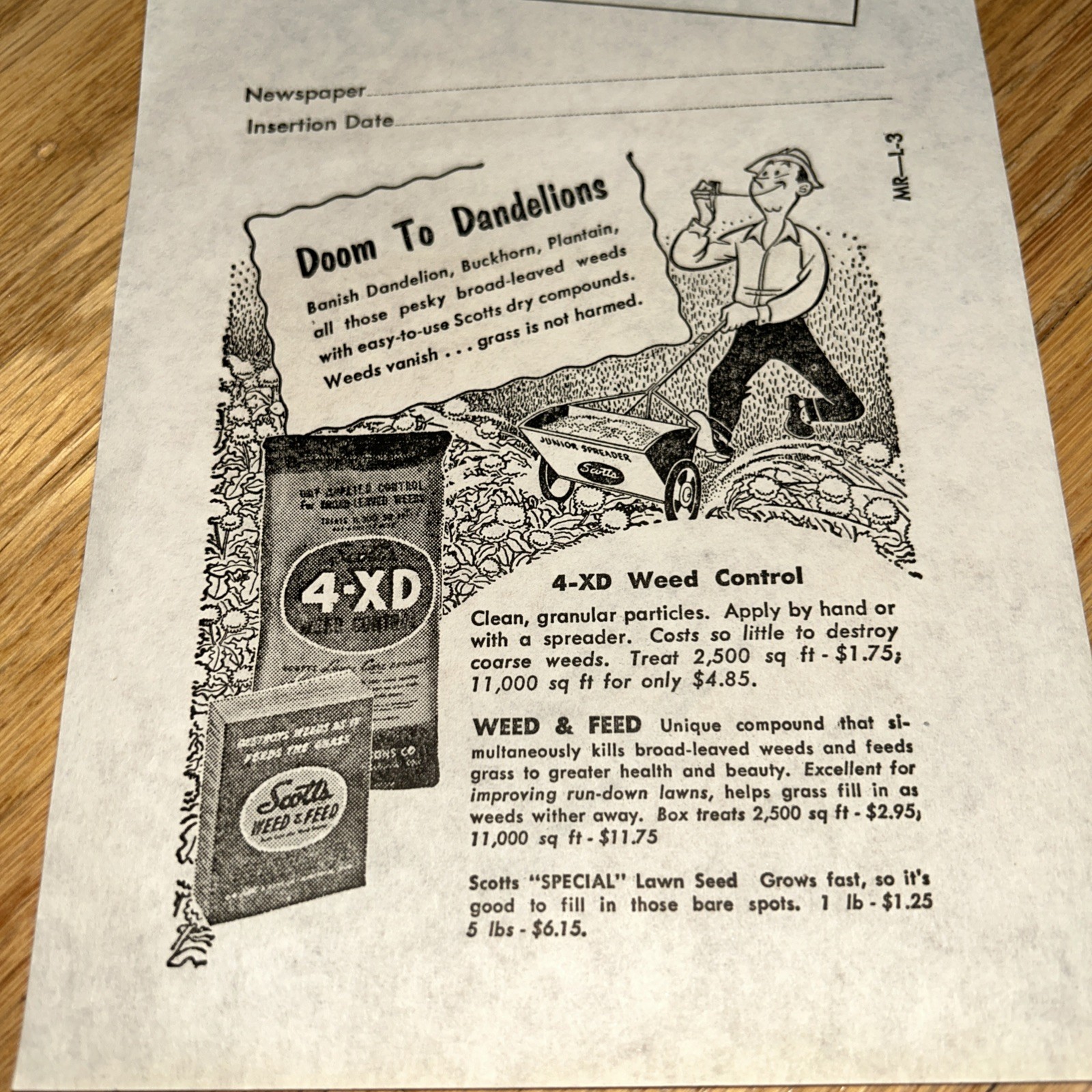 1940s O.M SCOTT & SONS CO Newspaper Mat SCOTT’S WEED CONTROL Marysville OHIO