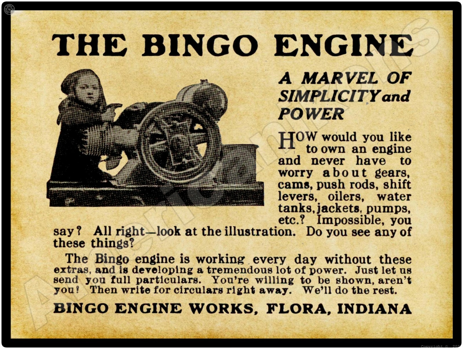 1915 Bingo Engine Works New Metal Sign: Flora, Indiana – Marvel of Simplicity!