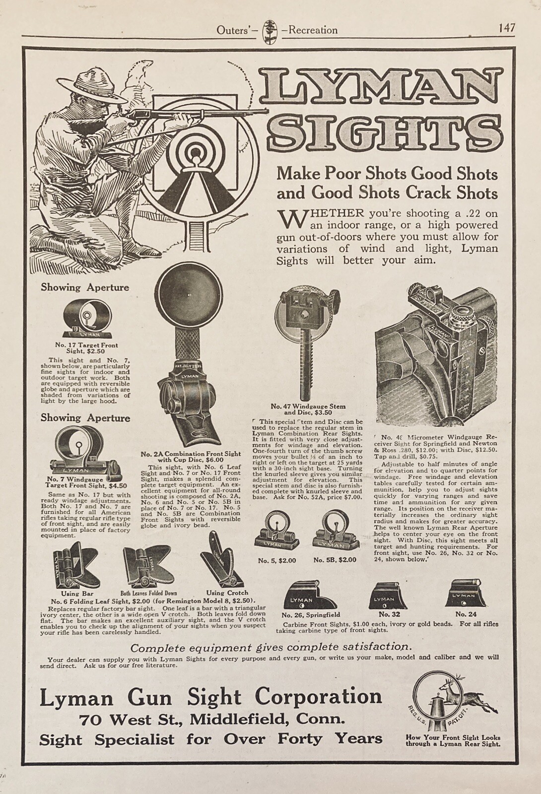 1921 AD.(XG4)~LYMAN GUN SIGHT CO. MIDDLEFIELD, CONN. LYMAN GUN SIGHTS