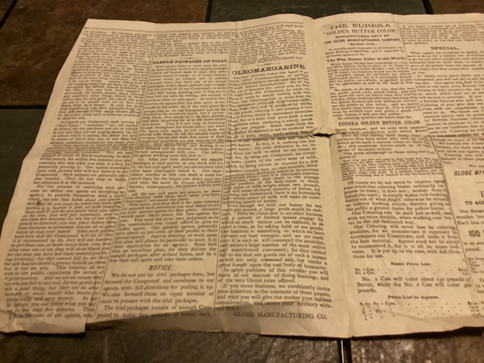 1800s Globe Manufacturing Co, Hartford, “Star Butter Compound” Flyer / Pricelist