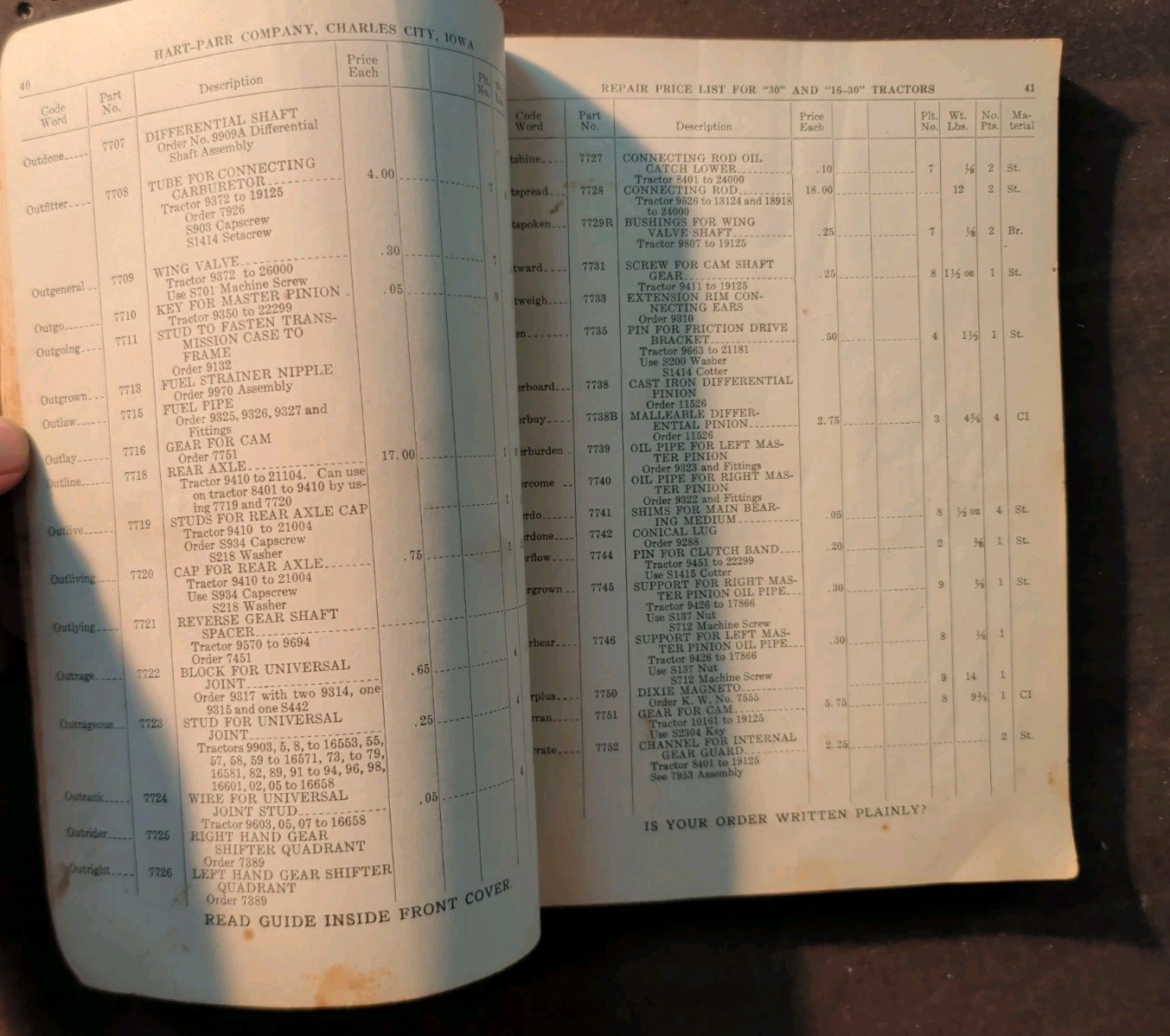 1929 Parts Price List for Hart-Parr “30” – “16-30” Tractor Serial # 8401 – 26000