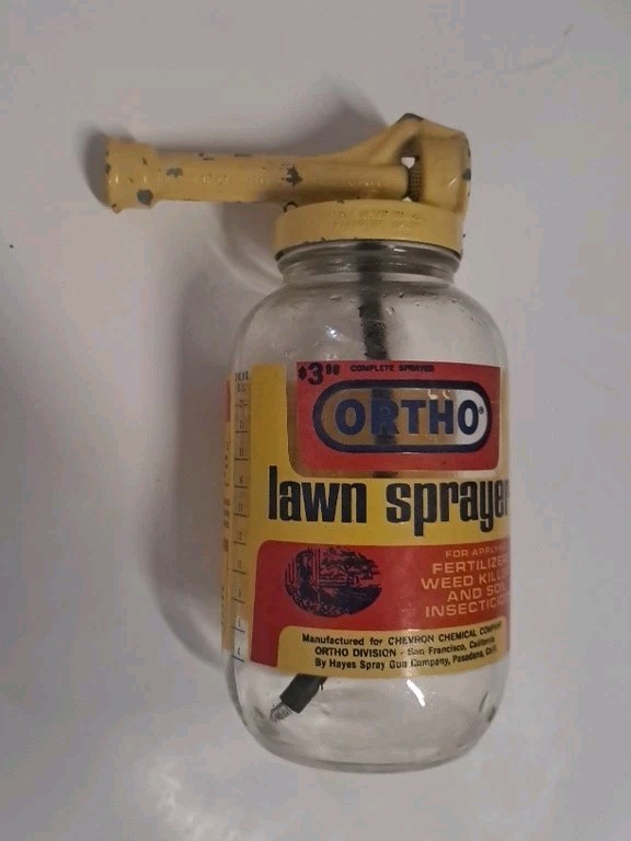Vintage Ortho Lawn Sprayer Glass Jar Yellow Metal Lid 8″ w/ Instructions ON IT