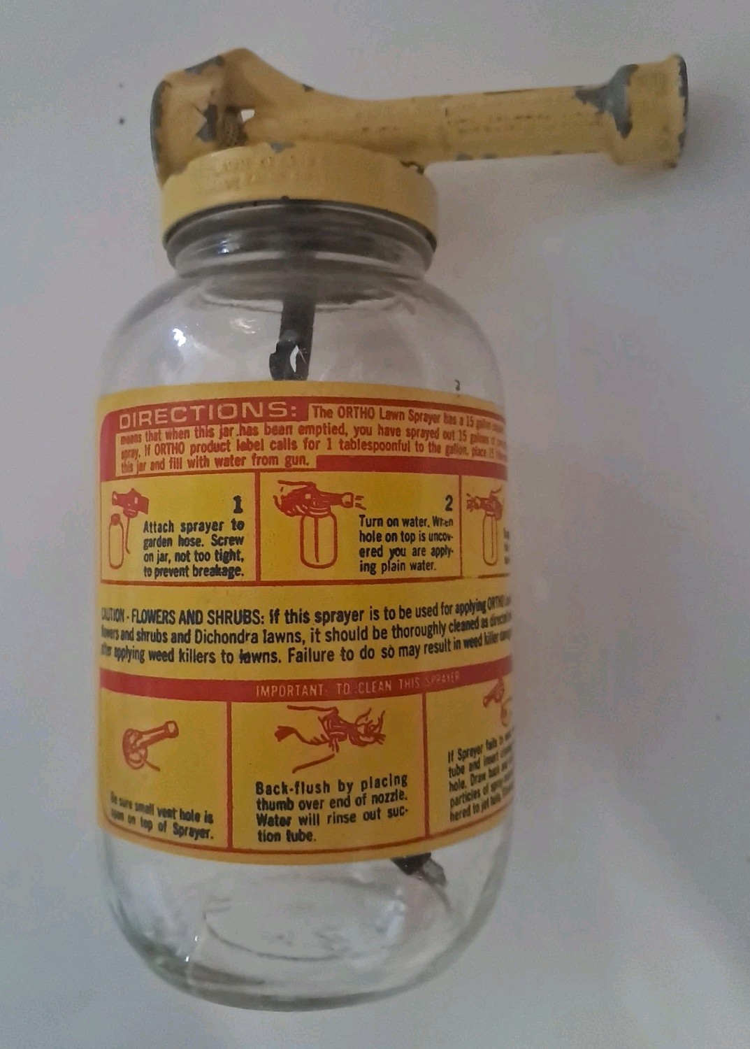 Vintage Ortho Lawn Sprayer Glass Jar Yellow Metal Lid 8″ w/ Instructions ON IT