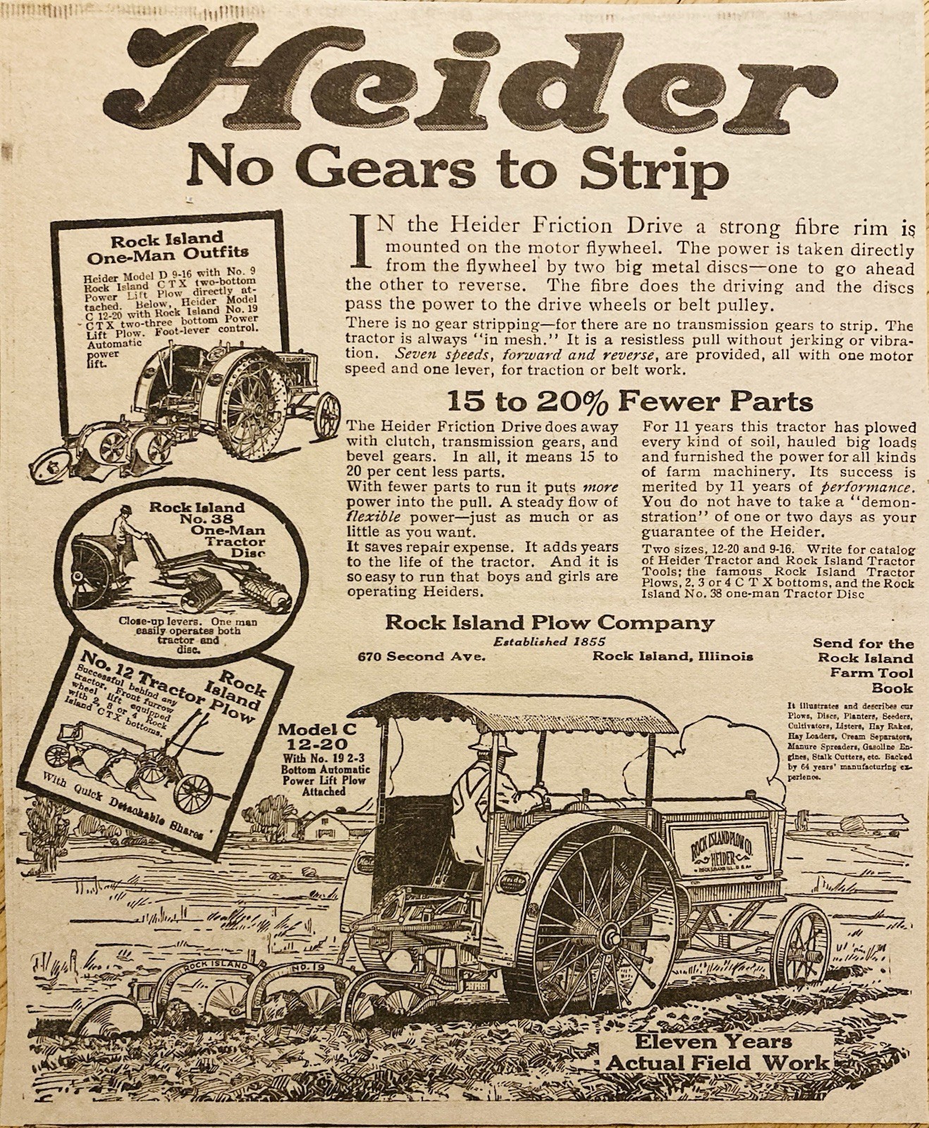 1918 AD.(XH85)~ROCK ISLAND PLOW CO. ILL. HEIDER FRICTION DRIVE TRACTORS