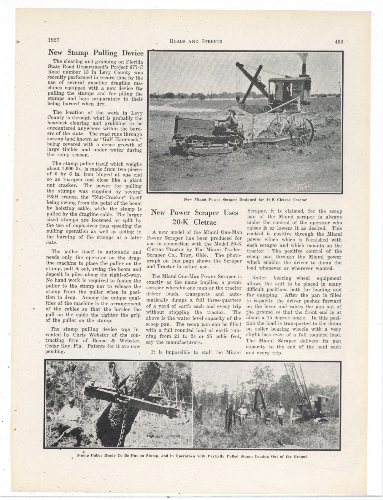 1927 Story & Pic: Miami One Man Power Scraper Paired w. CLETRAC 20-K Tractor