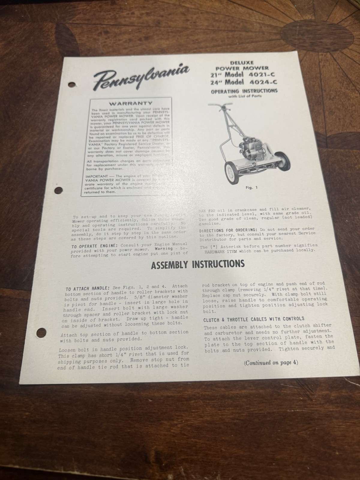 Pennsylvania Deluxe Power Mower 21-24” Model 4021C 4024C Operating Instructions