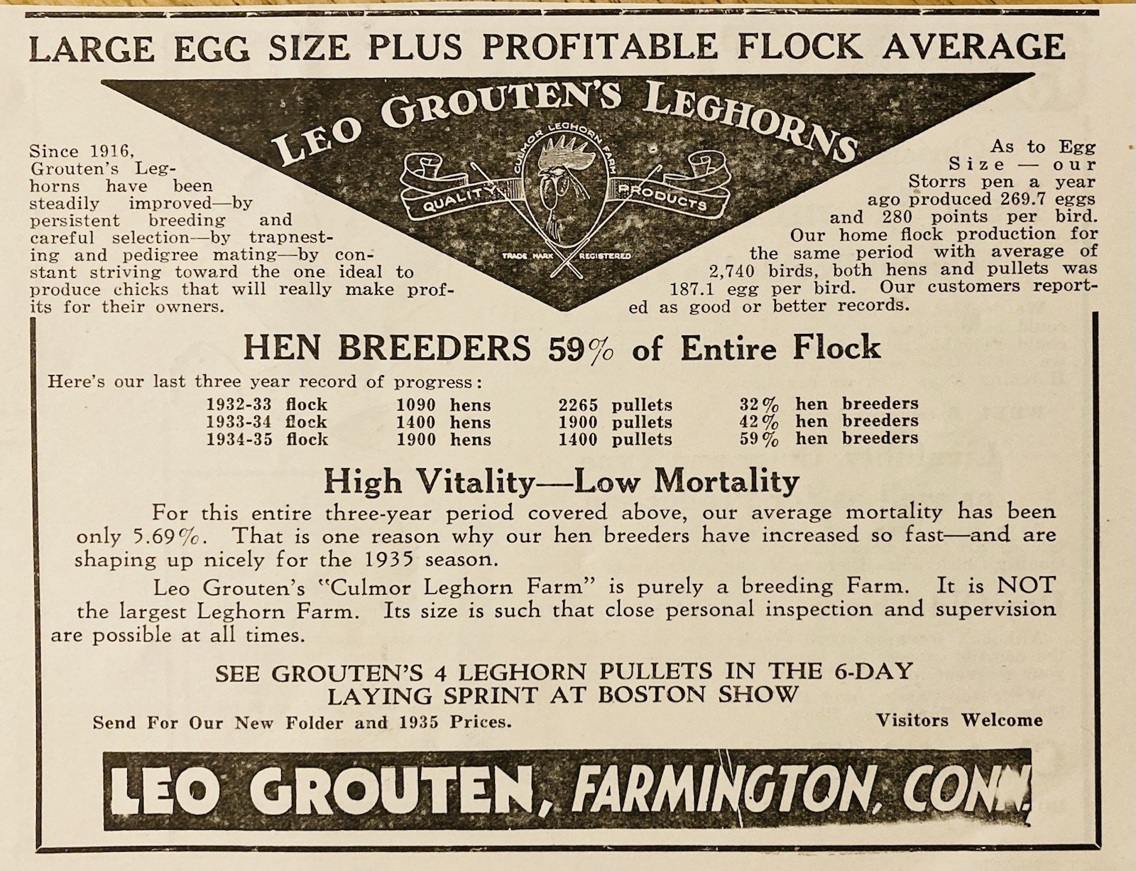 1934 AD.(XH82)~LEO GROUTEN POULTRY FARM, FARMINGTON, CONN. LEGHORNS SINCE 1916