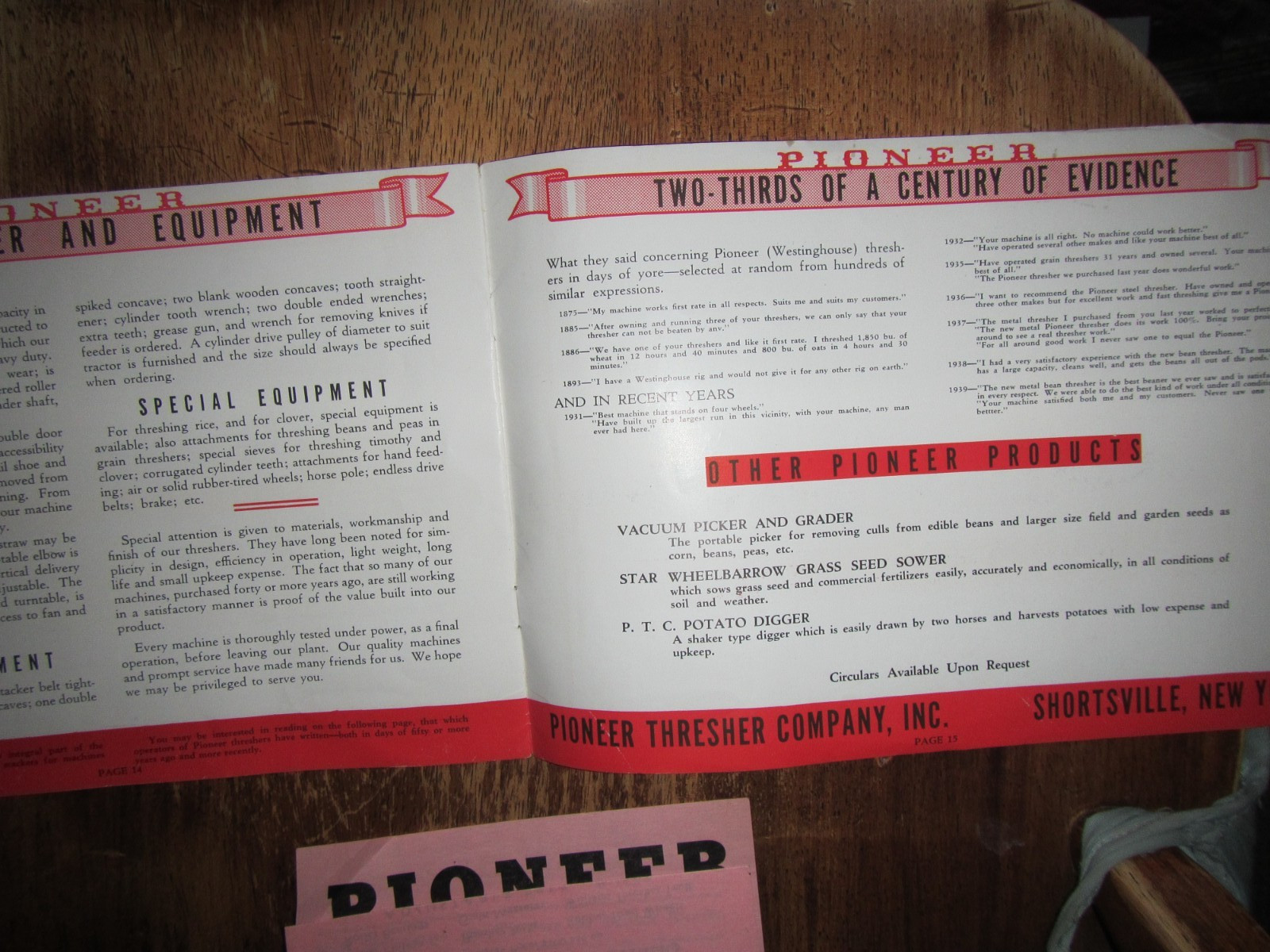 Early 1900’s Pioneer Thresher Brochure-Shortsville,NY Farm Implement Rarely Seen