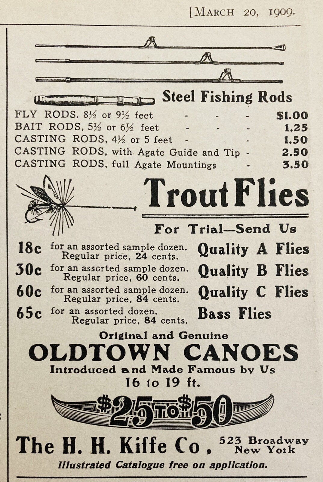 1909 AD.(XH77)~H.H. KIFFE CO. BROADWAY, NY. TROUT FLIES, OLDTOWN CANOE DEALER