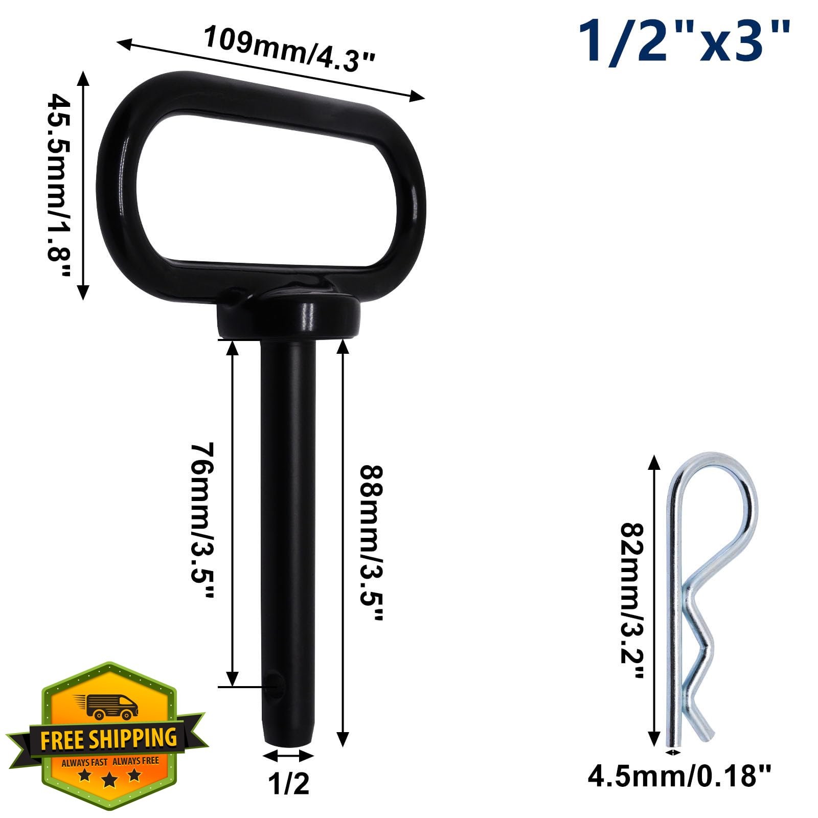 YuGtcen 1/2×3 inch Hitch Pin Black 1pc