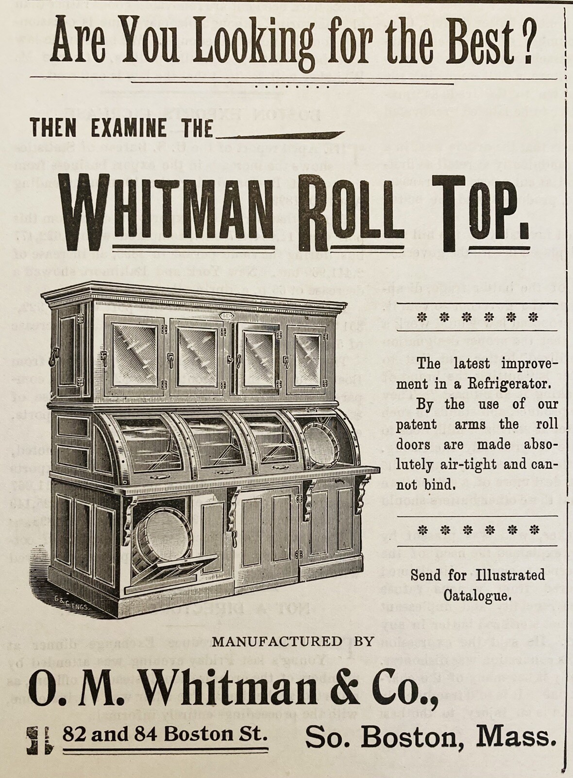 1899 AD.(XH63)~O.M. WHITMAN CO. SO. BOSTON, MASS. WHITMAN ROLL TOP REFRIGERATOR