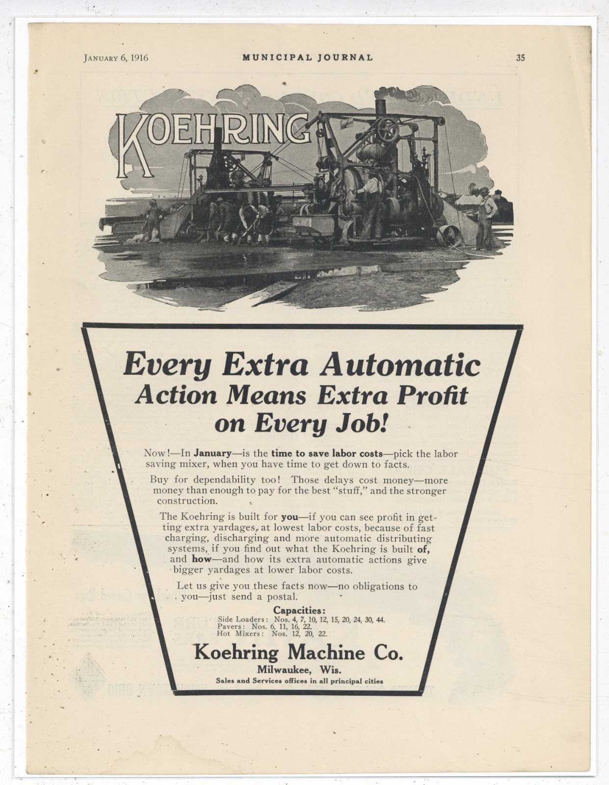 1916 Koehring Machine Co. of Milwaukee Ad: Road Paving Machines, Equipment