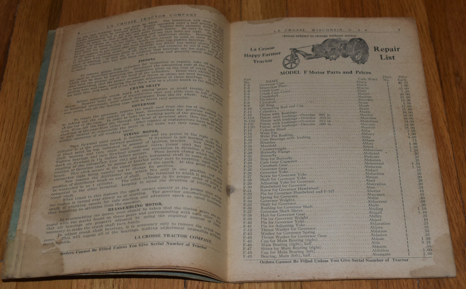 Vintage 1922 La Crosse WI Tractor Co Instruction Manual Model F G H REPAIR LIST