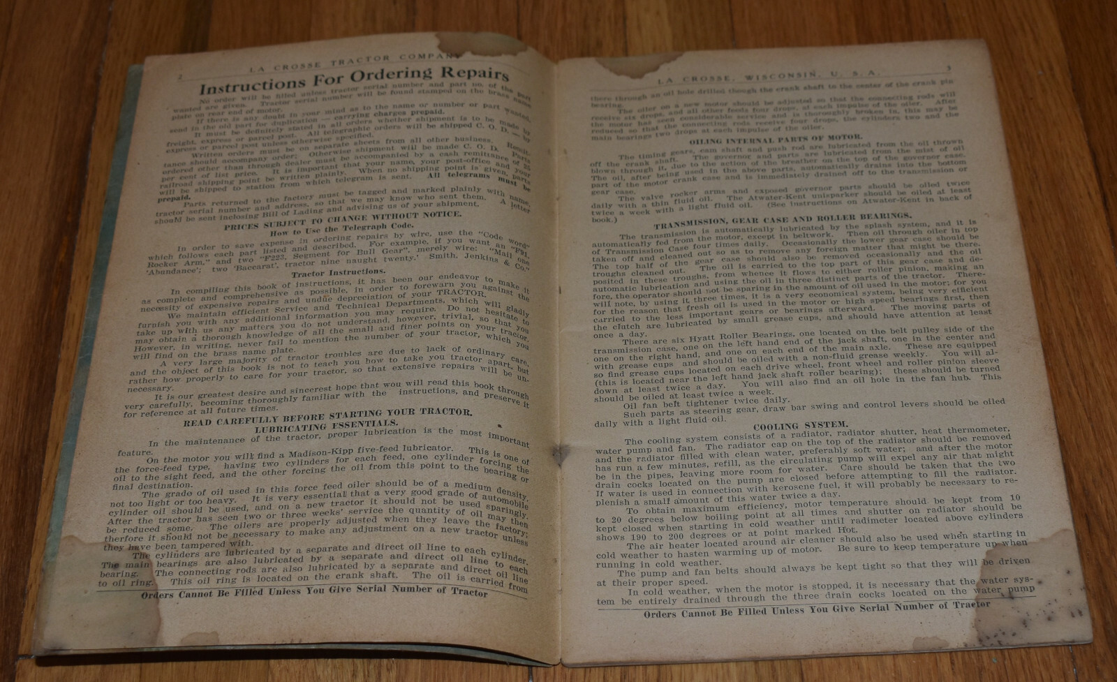 Vintage 1922 La Crosse WI Tractor Co Instruction Manual Model F G H REPAIR LIST