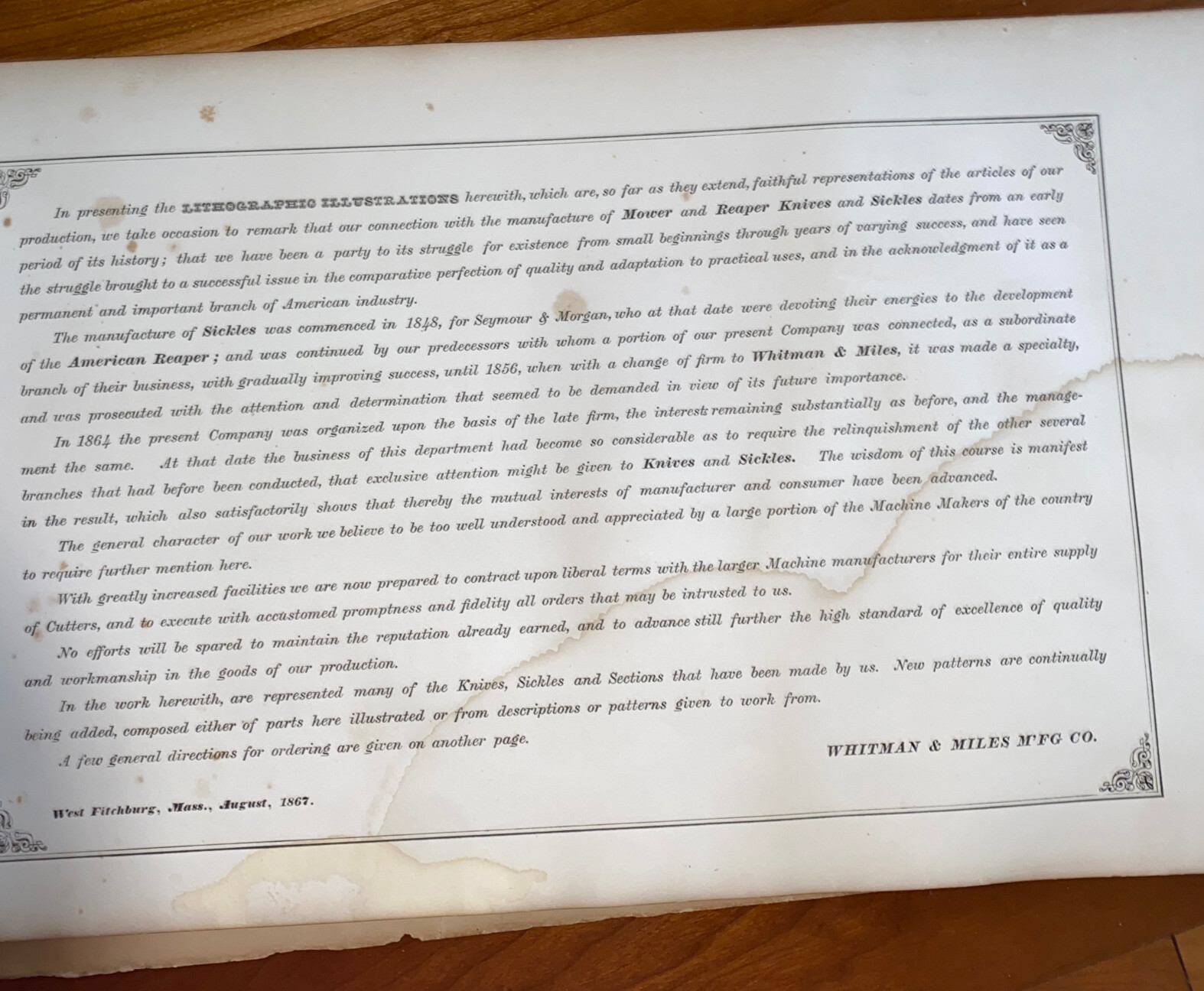 1867 LARGE FITCHBURG MASSACHUSETTS Farming MOWER Catalog KNIVES SICKLES Rare