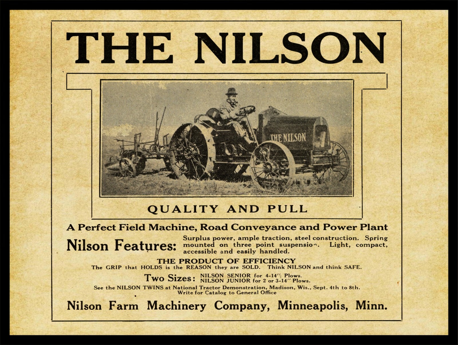 1916 Nilson Tractor of Minneapolis NEW Metal Sign – 24″ x 30″ STEEL – 7lbs.
