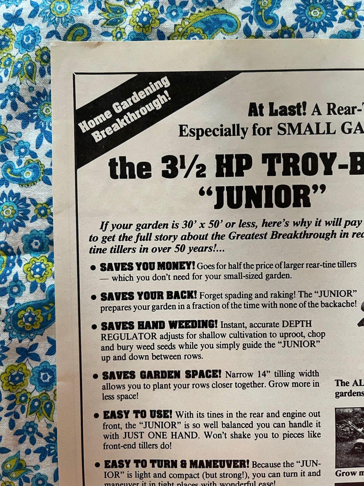 Vintage 1988 Troy Built Junior Tiller Print Ad Home Gardening
