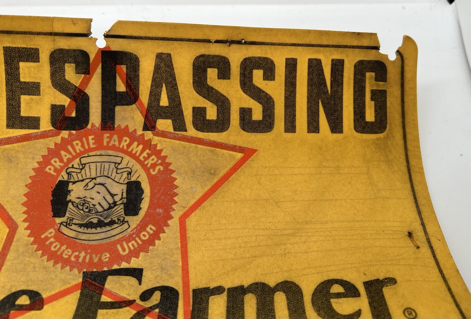 Vintage “NO TRESPASSING” Sign – PRAIRIE FARMER PROTECTIVE UNION 12″x8″ Plastic