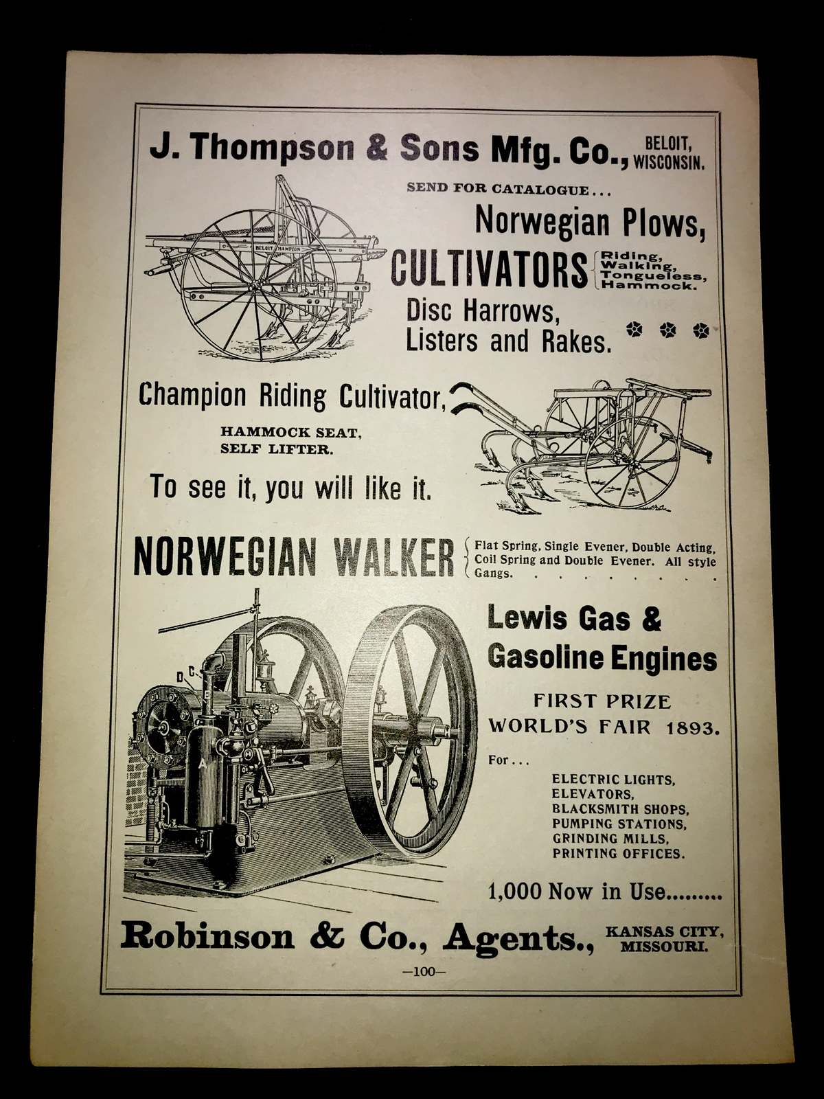 1898 Thompson Farm Advertising – Beloit – Wisconsin & Kansas City – Missouri