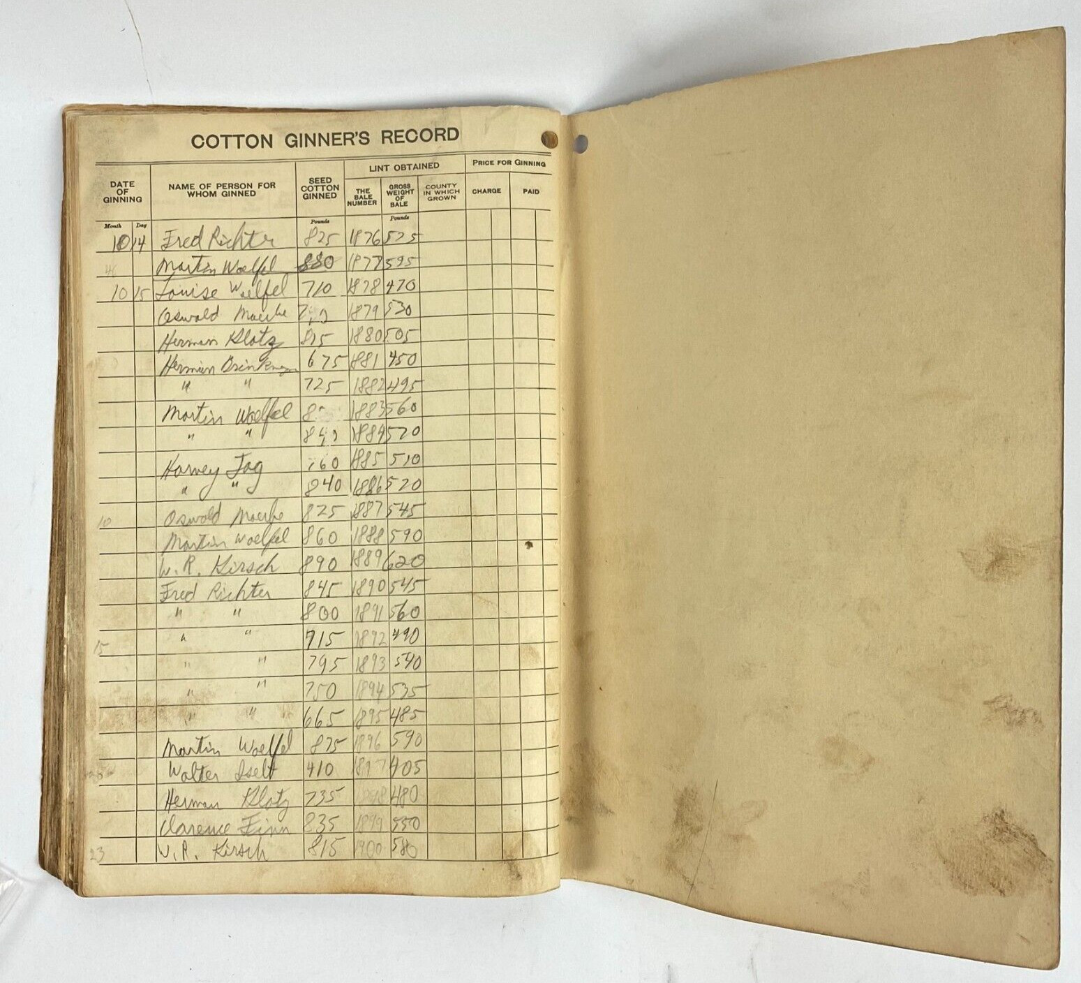 1950’s Dept of Commerce Cotton Ginner’s Record Book Filled Out Vintage