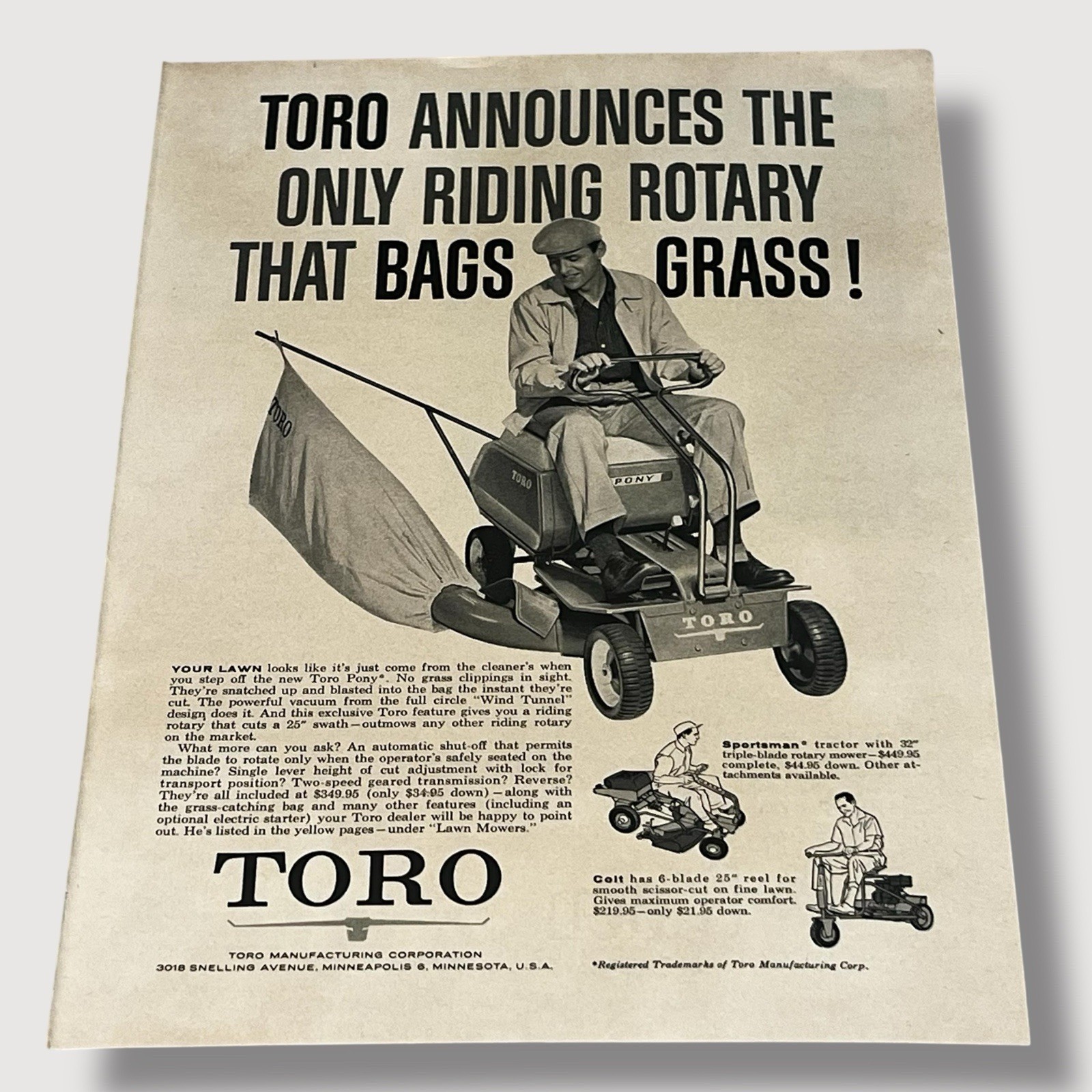 1960 Toro Pony Lawnmower Only Riding Rotary That Bags Grass Vintage Ad Q