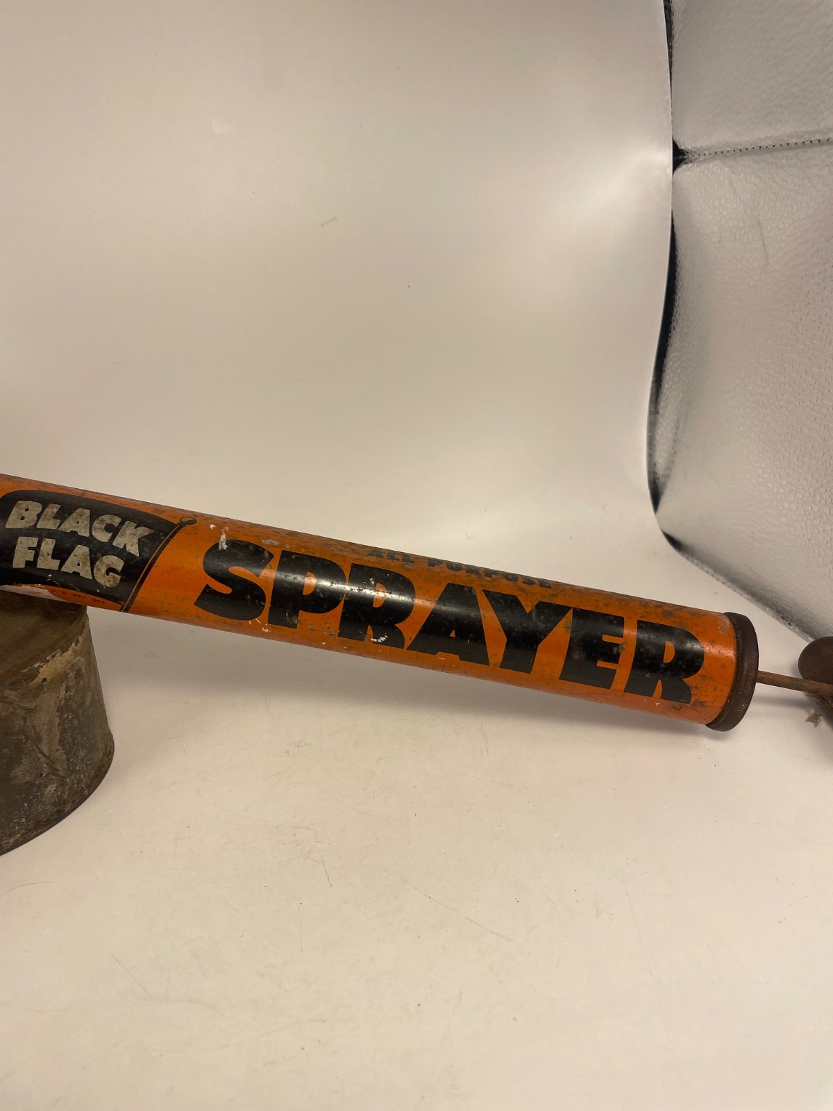 Vintage 1940’s Black Flag Tin Bug Pump Sprayer Metal Canister & Wooden Handle