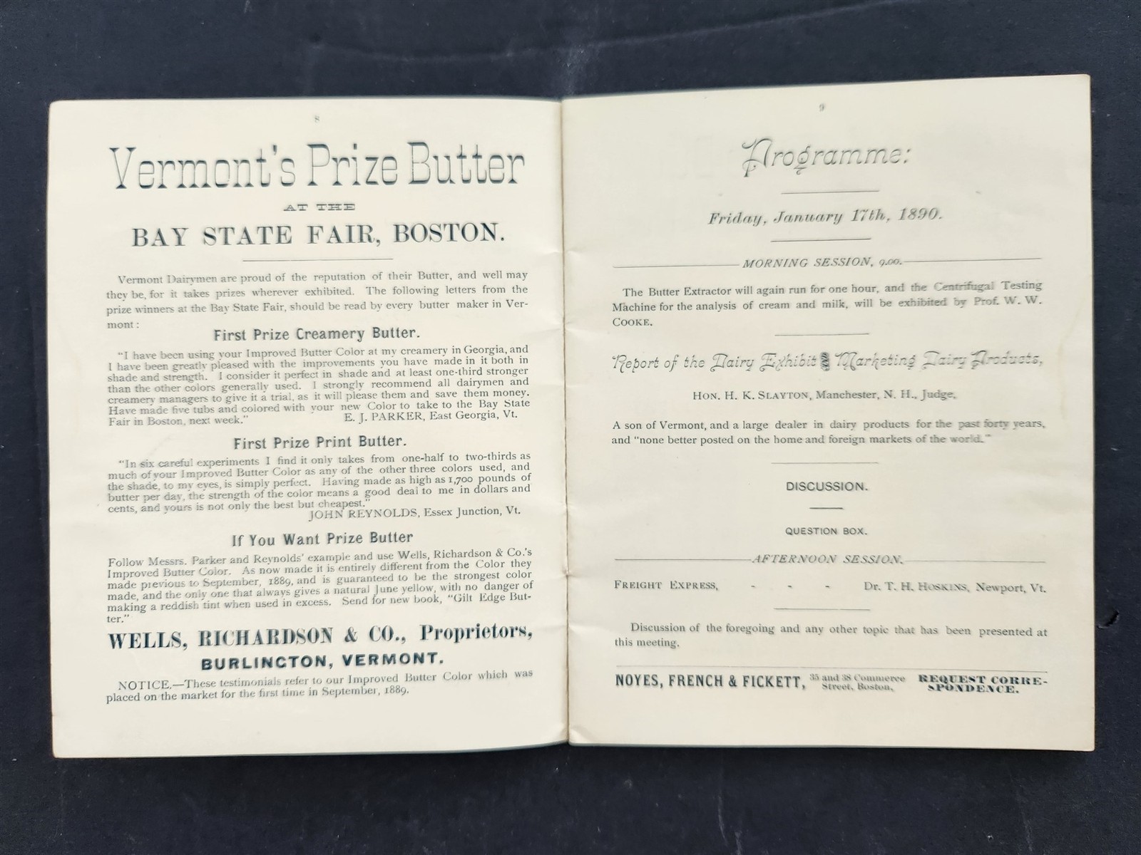 1890 antique VERMONT DAIRYMEN’S ASSOC w ADS PROGRAM EXHIBIT 29th annual meeting