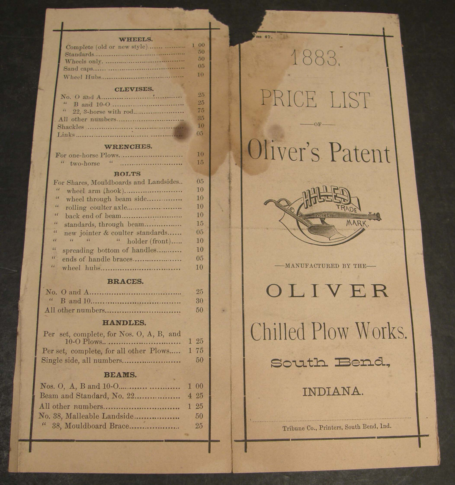 ANTIQUE 1883 PRICE LIST OLIVER AGRICULTURAL PLOW WORKS SOUTH BEND INDIANA