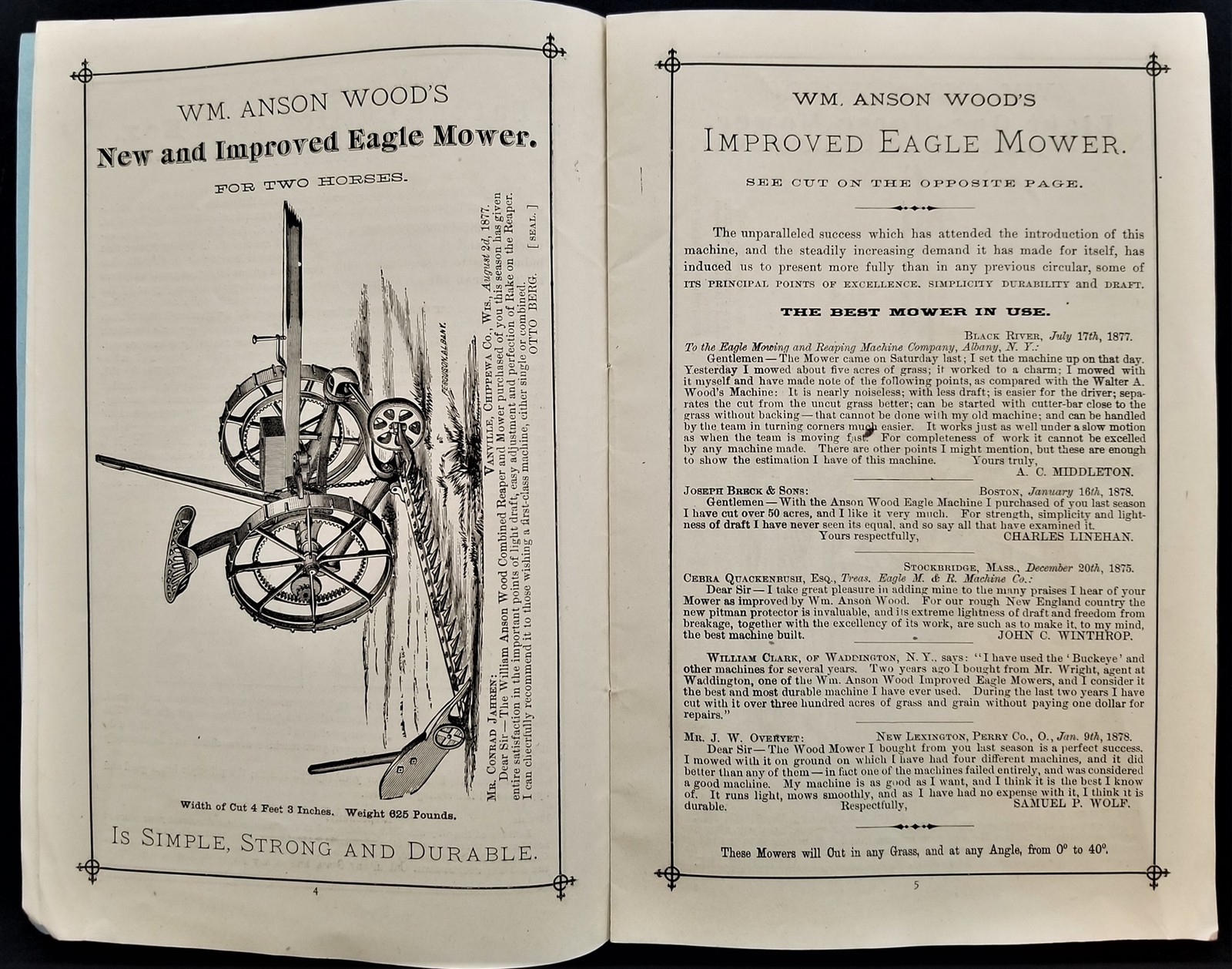 1877 antique EAGLE MOWERS CATALOG agriculture Wm Anson Wood oldtown me BACHELDER