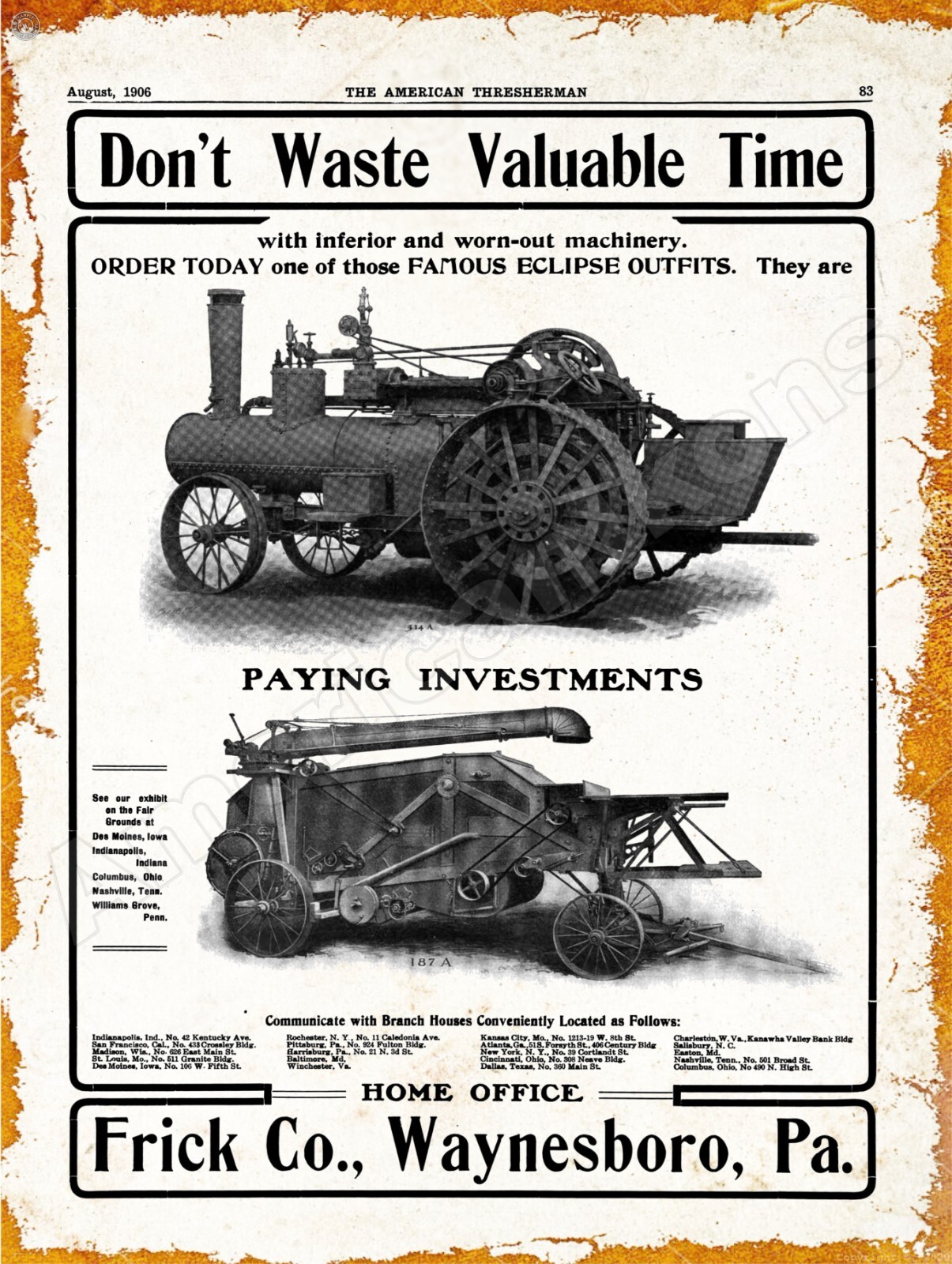 1906 Frick Eclipse Threshing Machines New Metal Sign: 12×16″ Ships Free