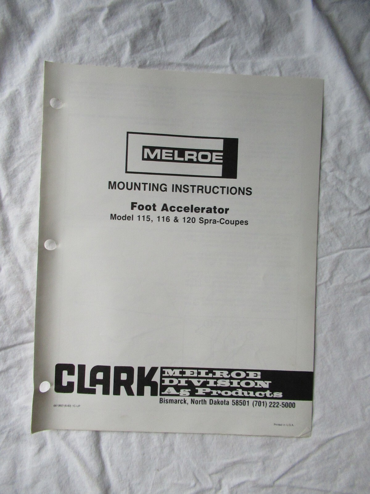 Clark Melroe Spra-Coupe 115 116 120 Foot Accelerator Mounting Instruction Manual
