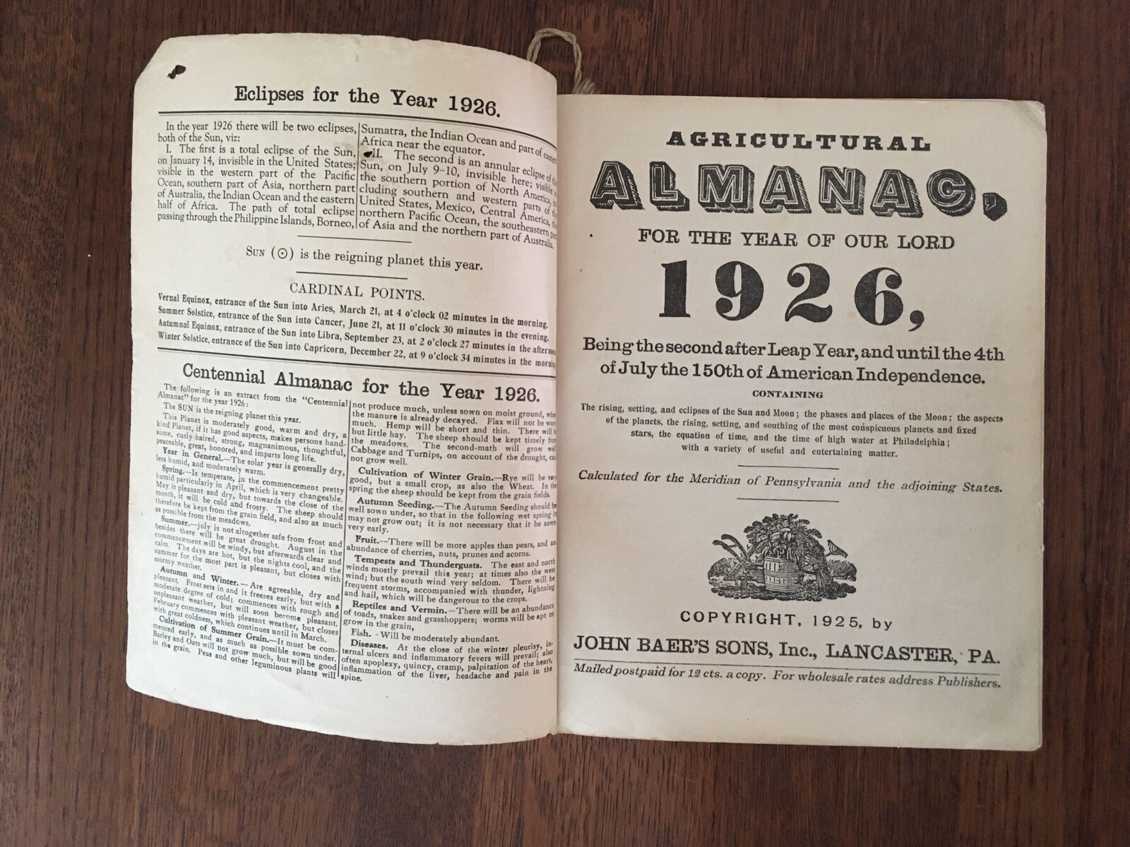 Vintage 1926 John Bear Baer’s Agricultural Almanac Lancaster PA