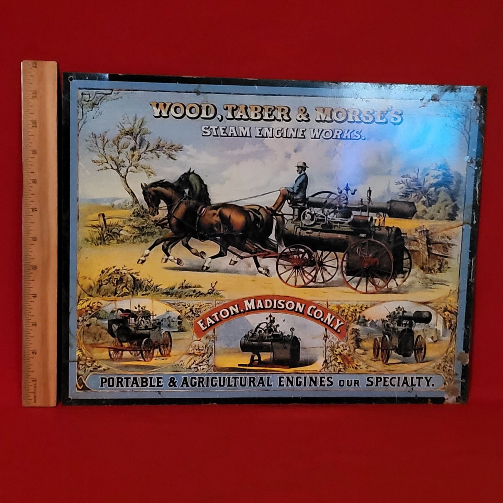 Vintage Repro Wood Taber & Morse’s Steam Engine Works Tin Sign Advertising