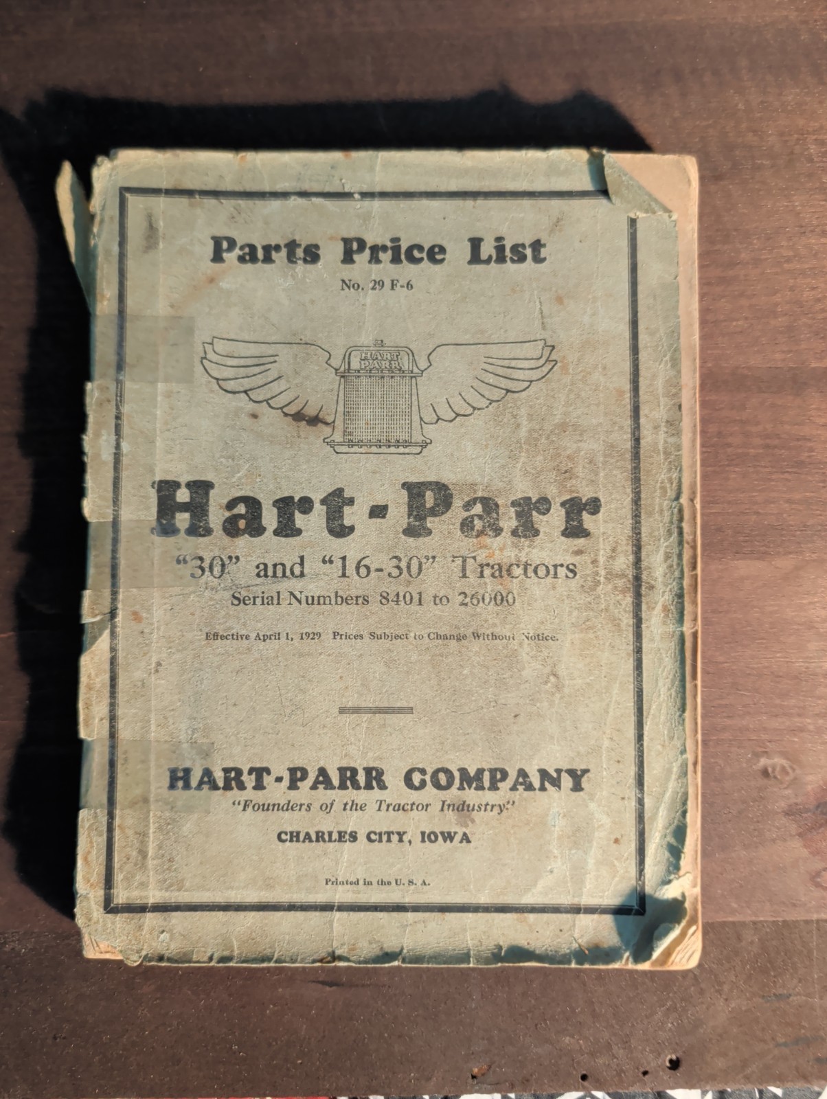 1929 Parts Price List for Hart-Parr “30” – “16-30” Tractor Serial # 8401 – 26000