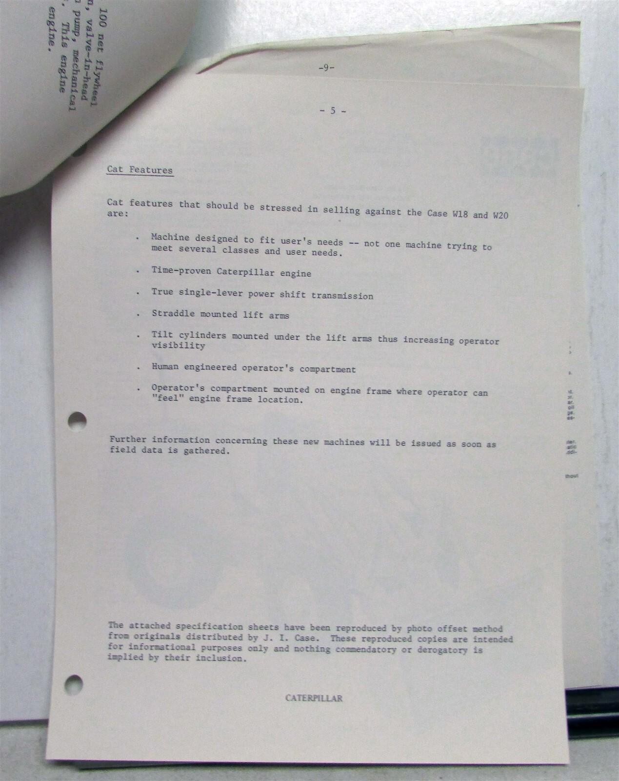1972 Caterpillar Wheel Loaders Case Construction Competitive Information PRELIM