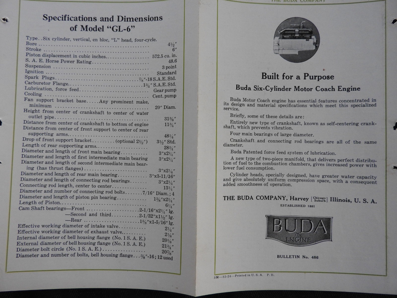 1924 “Buda Model GL-6 Gas Engines” Six Cylinder Engine Brochure RARE