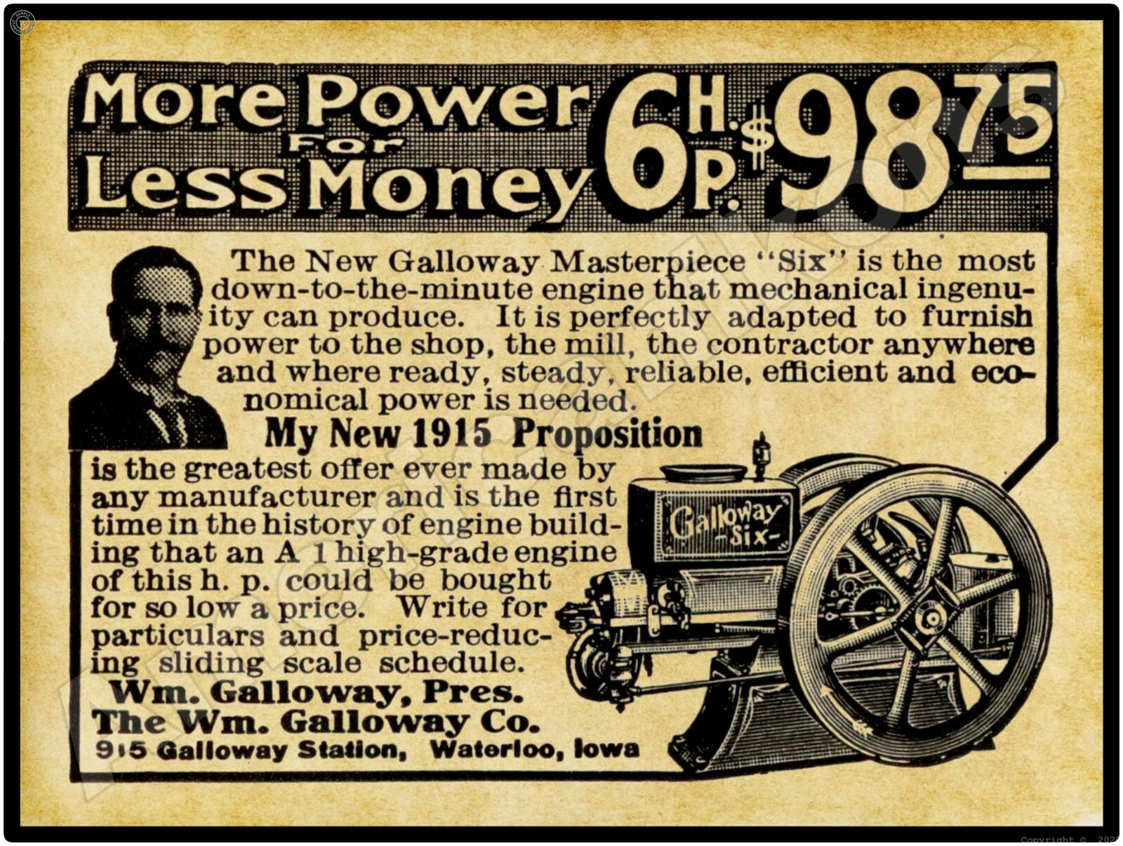 1915 Wm. Galloway Co Galloway Six Gas Engines New Metal Sign: LARGE SIZE 12 x 16