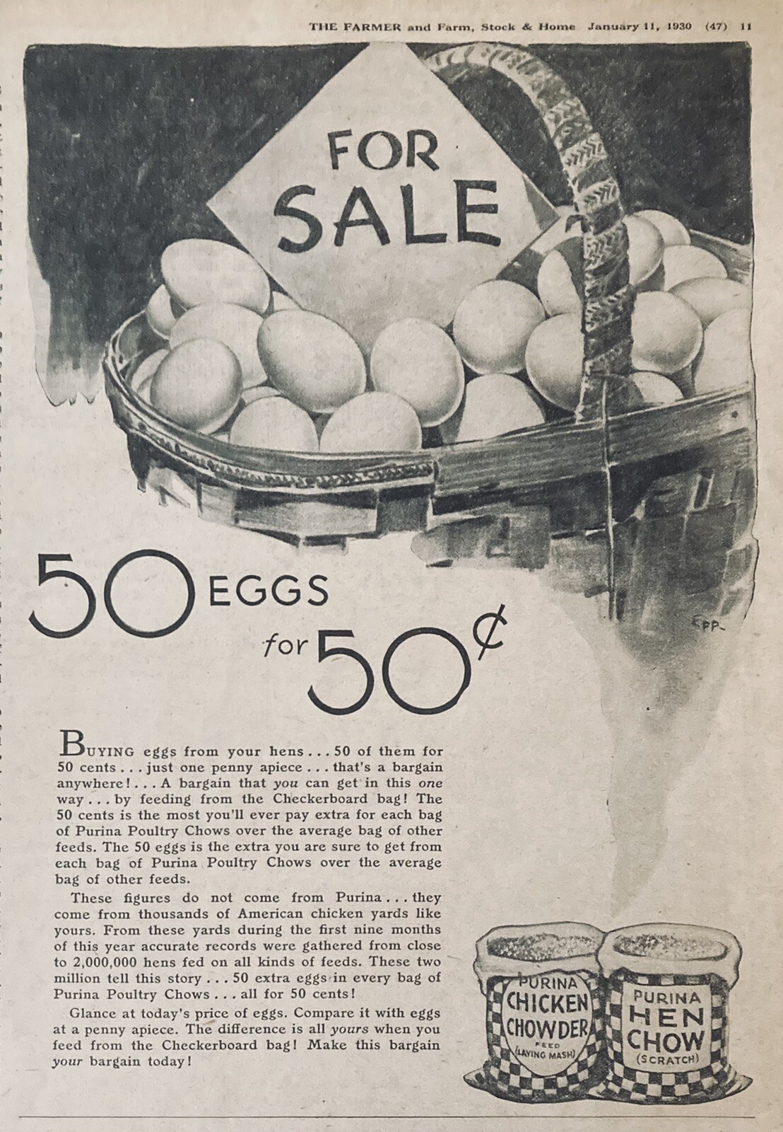 1930 AD.(XH27)~PURINA CHICKEN CHOWDER AND HEN CHOW