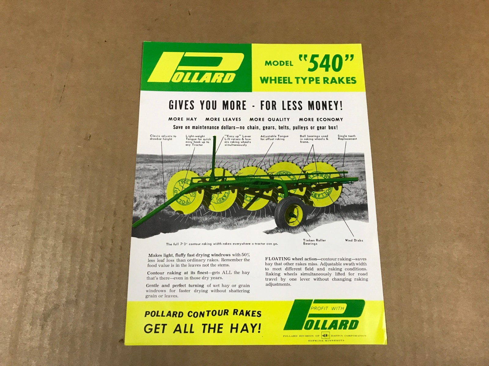 Vintage Pollard Model 540 Wheel-Type Rakes Salesman Flyer