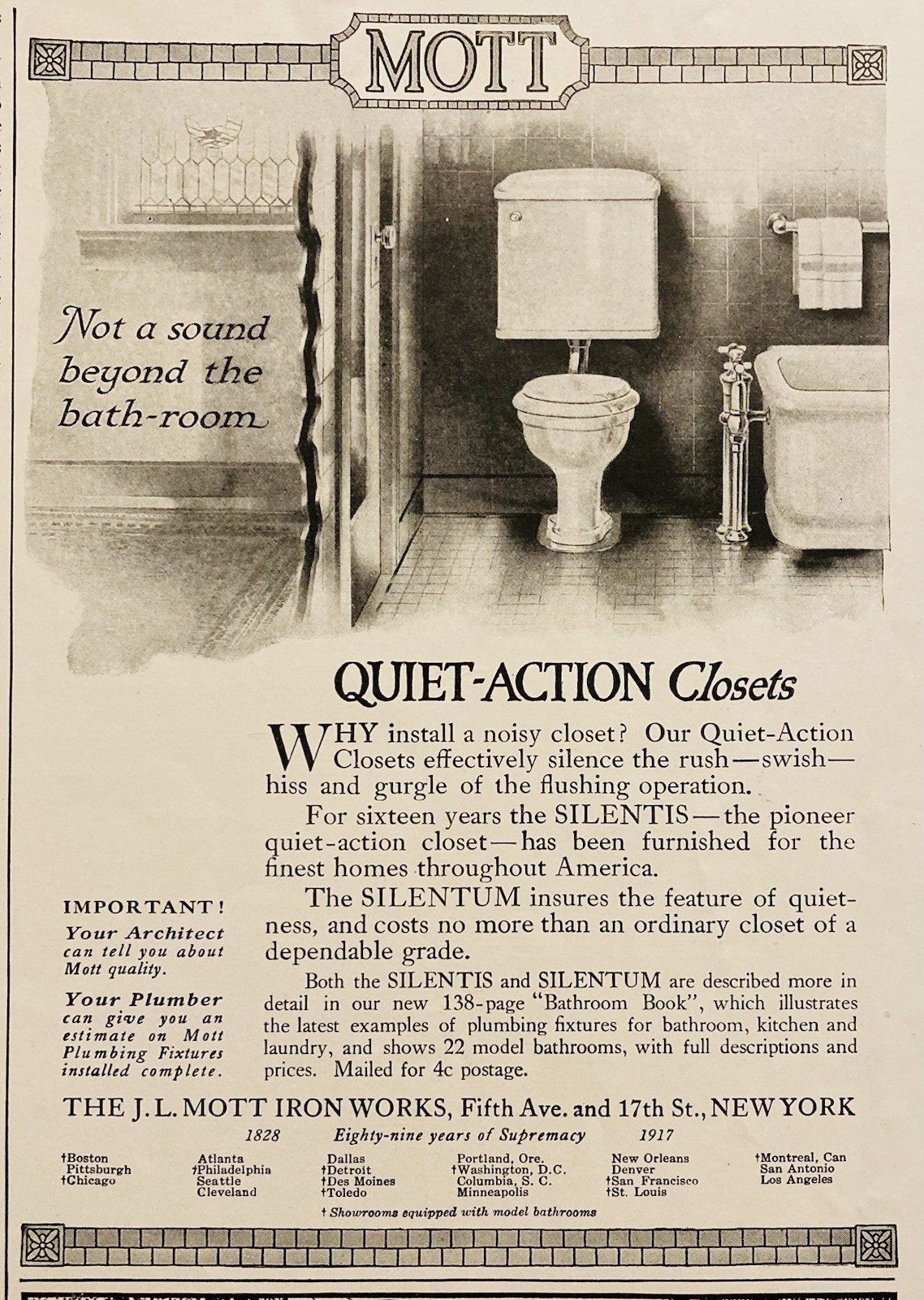1917 AD.(XH80)~J.L. MOTT IRON WORKS, FIFTH AVE. NYC. MOTT QUIET-ACTION CLOSETS