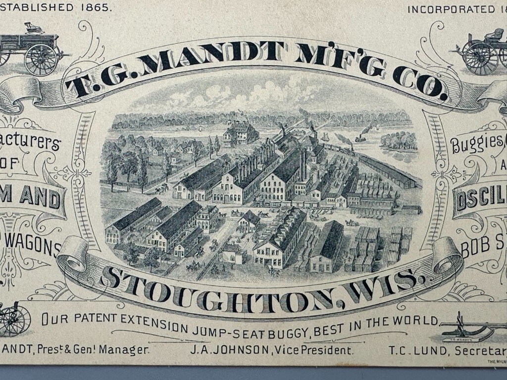 1880s T G Mandt FARM WAGON Carriage BOB SLEIGH Advertise Trade Card STOUGHTON WI