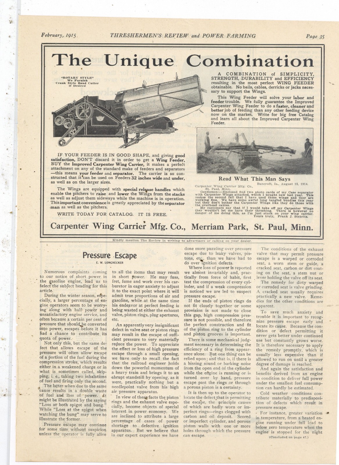 1915 Carpenter Wing Carrier Co. Ad: Attachment for Threshing Feeder – St. Paul