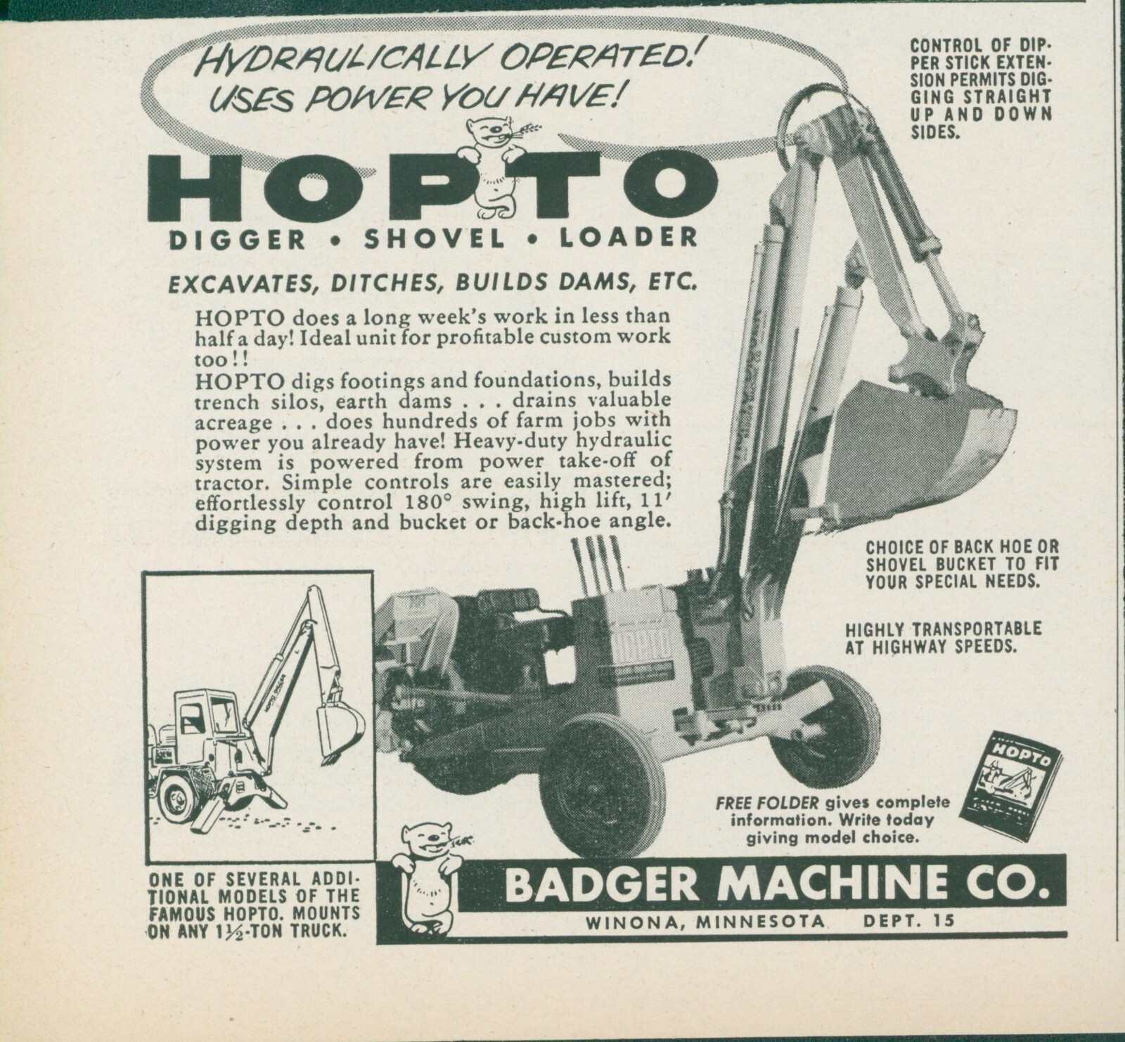 1955 Hopto Digger Shovel Loader Badger Machine Co Hydraulic Vintage Print Ad FJ1