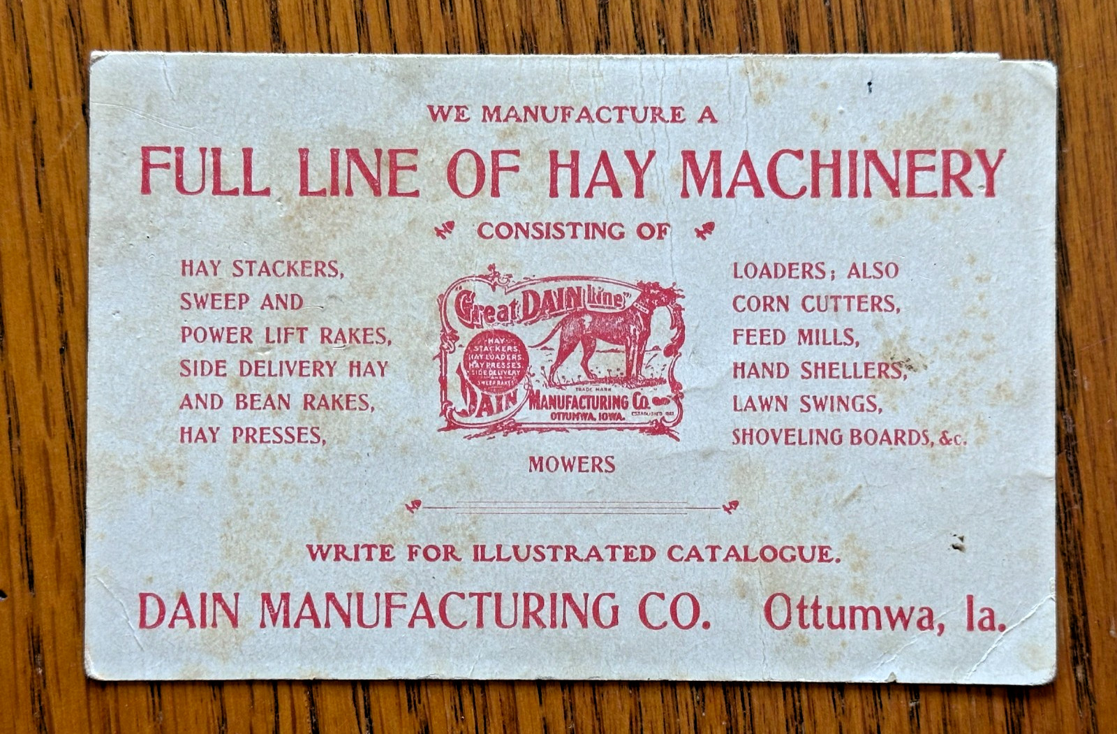 Dain Manufacturing Co. Ottumwa Iowa 1800’s Advertising Risqué Farming Trade Card