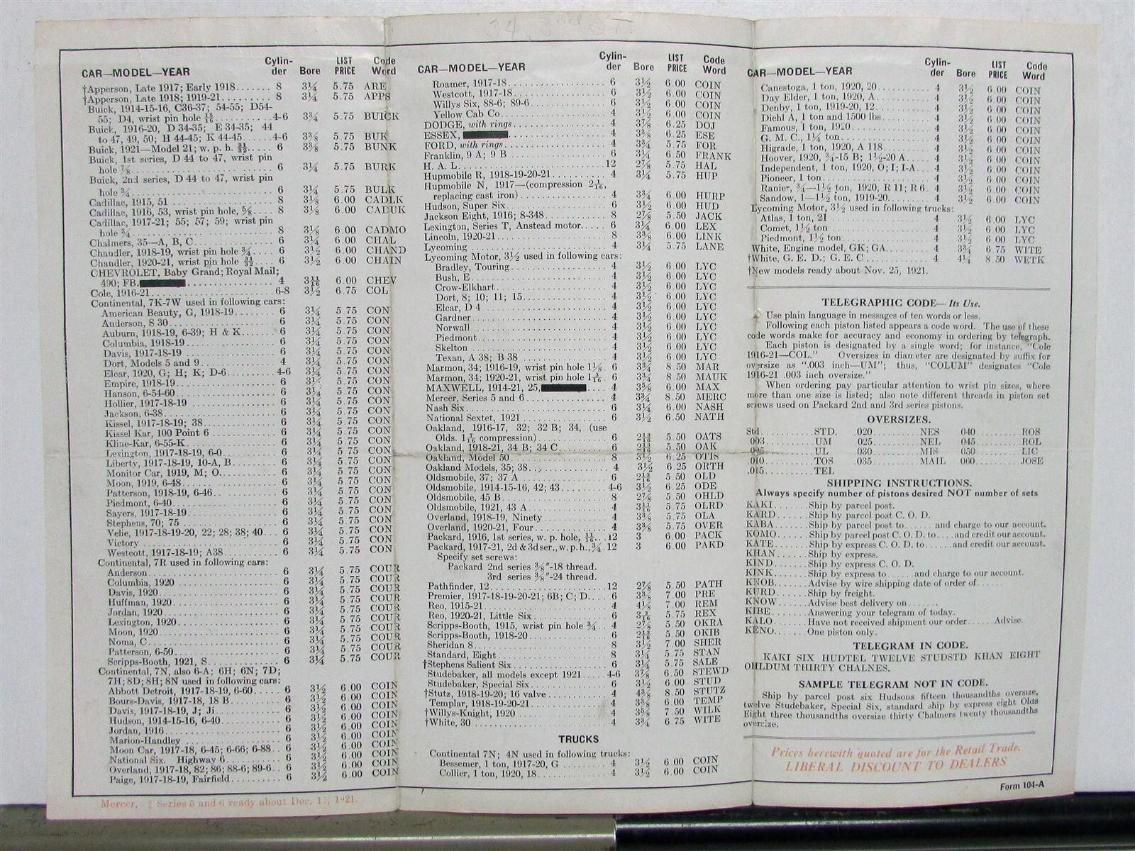 1921 Kant Skore Pistons Retail Pricing Lists Brochure