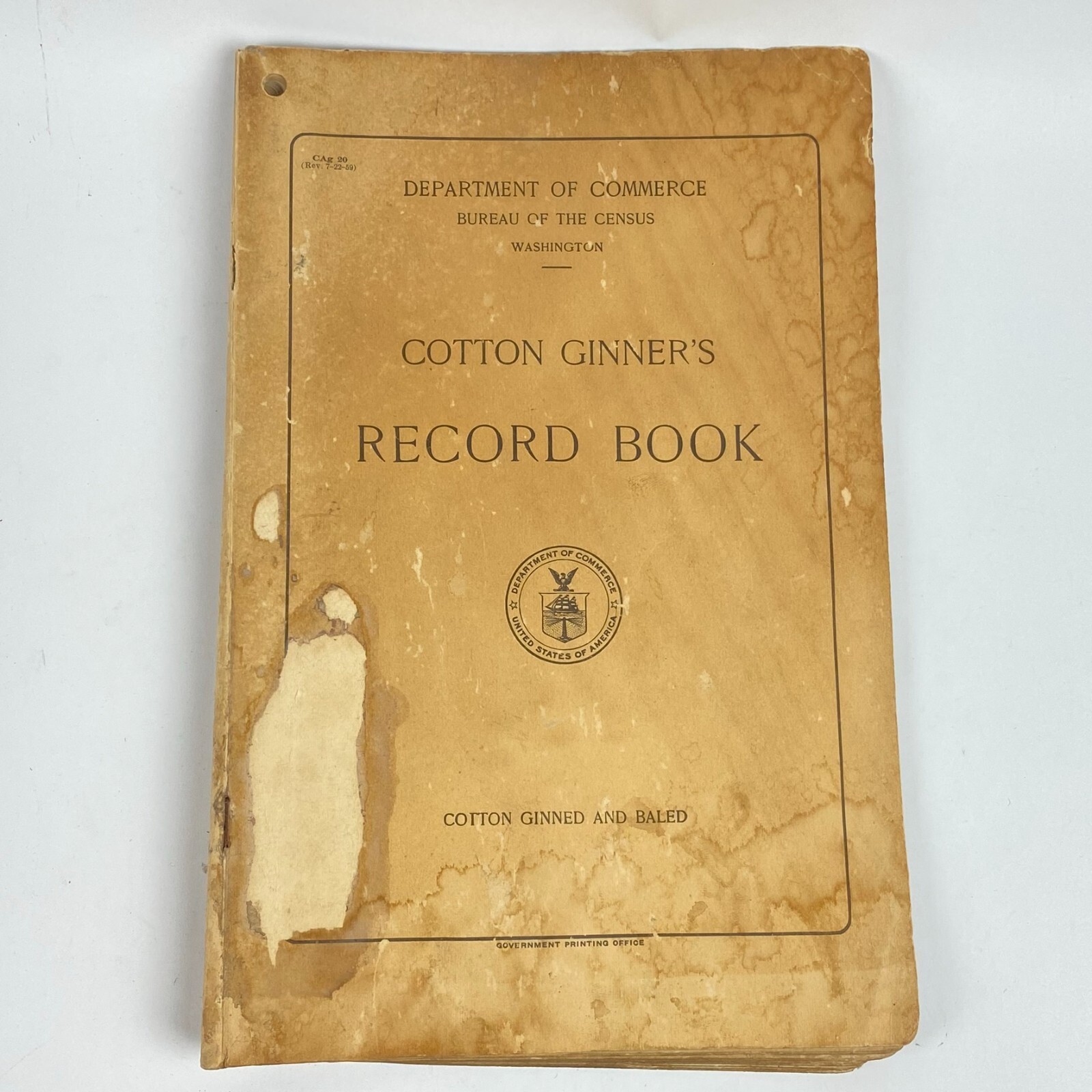1950’s Dept of Commerce Cotton Ginner’s Record Book Filled Out Vintage